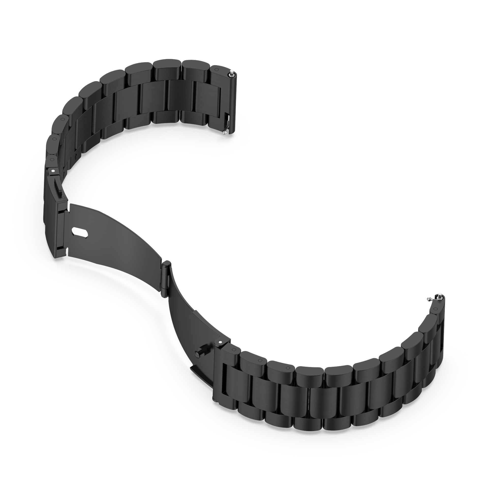 Ein schwarzes Uhrenarmband ist geöffnet und zeigt die Glieder und den Verschluss.