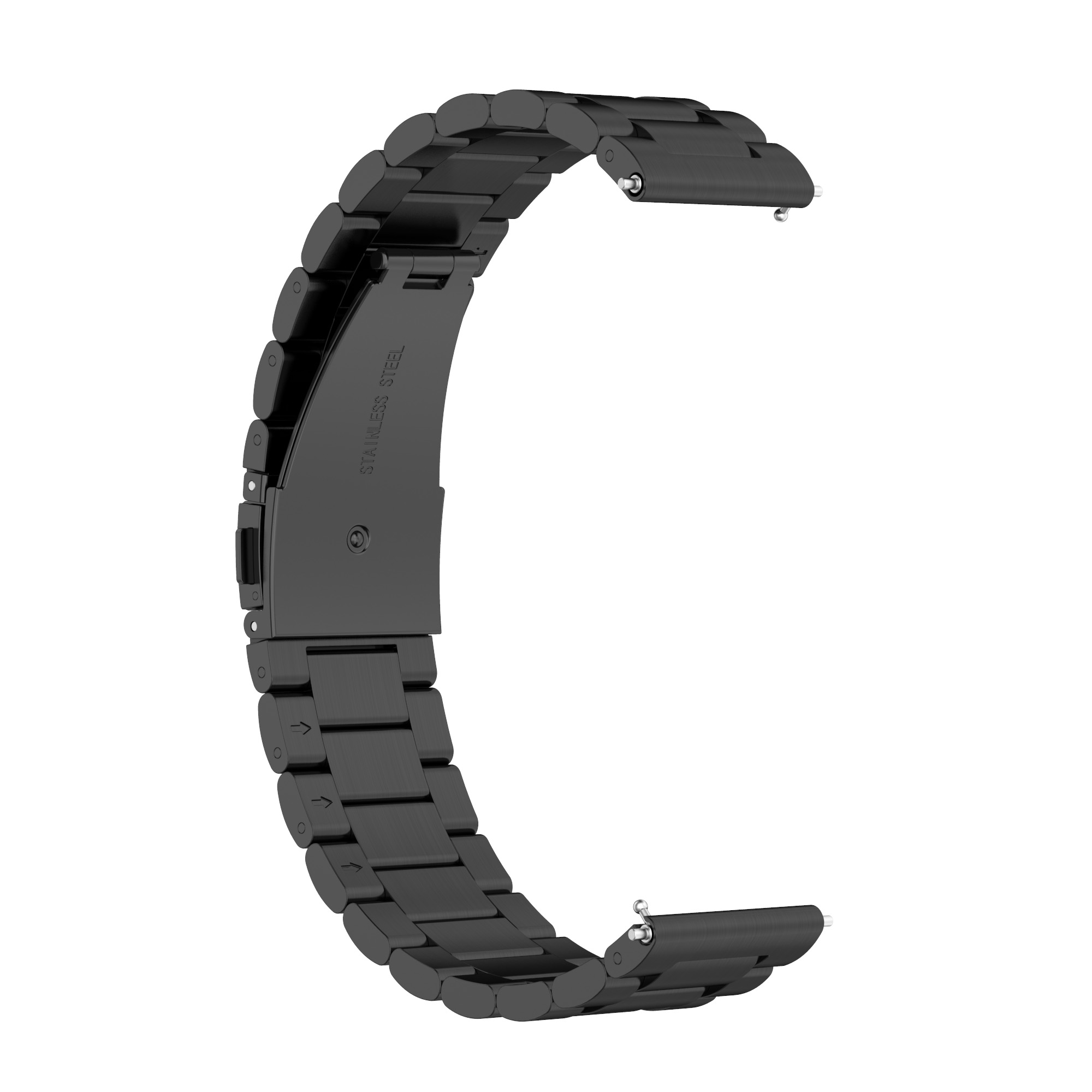 Ein schwarzes, gebogenes Uhrenarmband aus Metall mit einer Edelstahlmarkierung.
