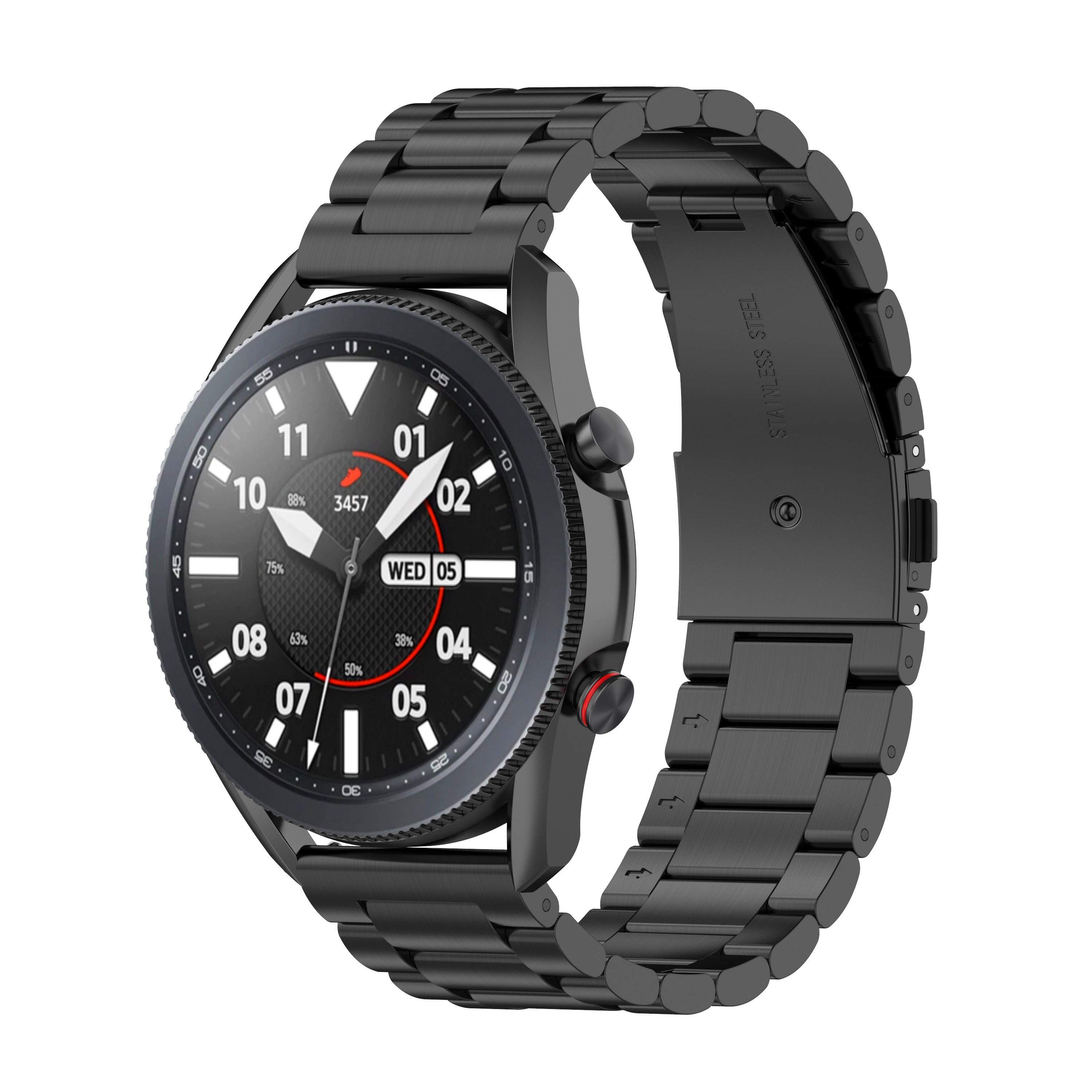 Eine schwarze Smartwatch mit rundem Display. Ein schwarzes Metallarmband ist an der Uhr befestigt.