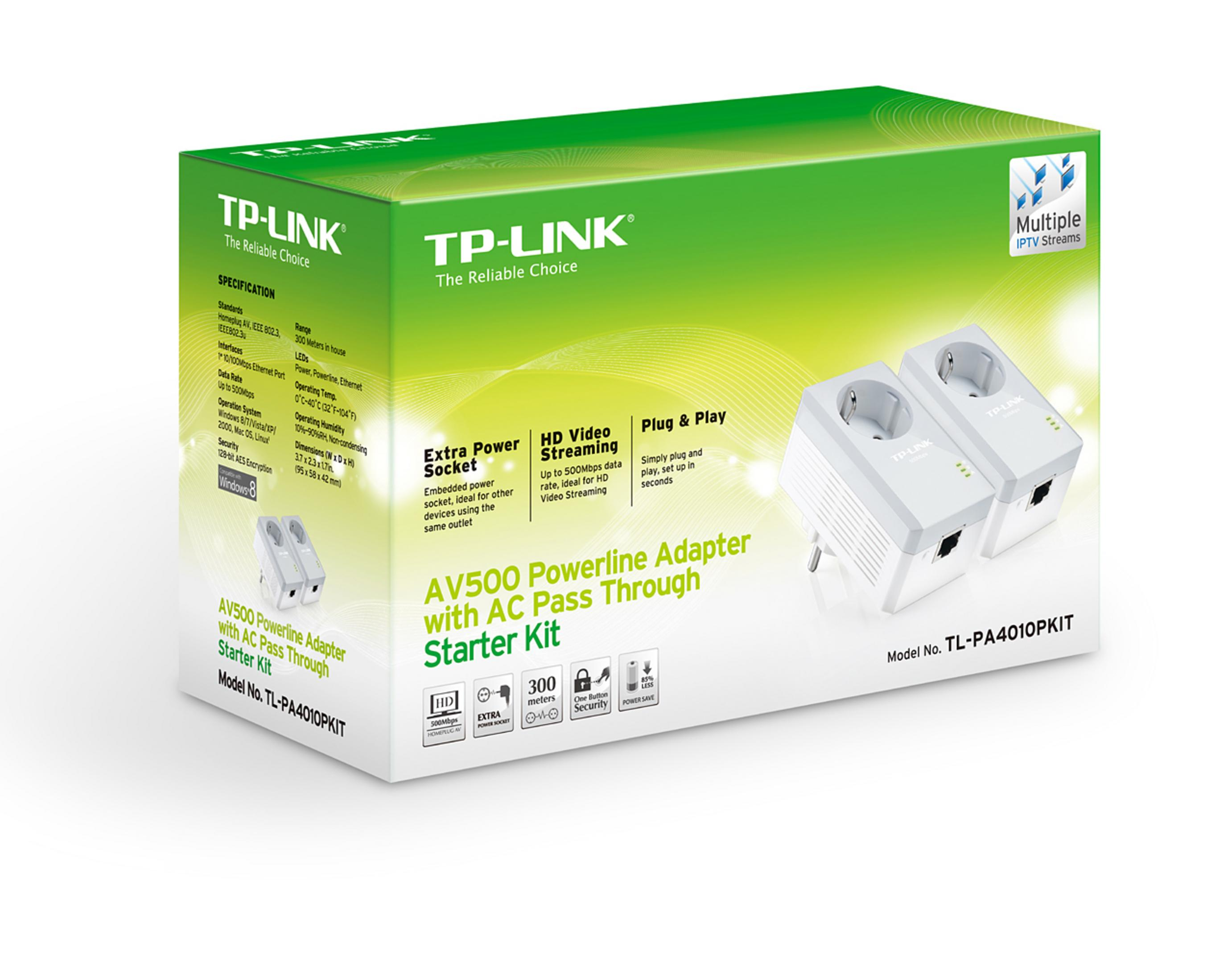 Eine weiße und grüne Schachtel mit dem TP-LINK-Logo und Produktinformationen. Enthält zwei Powerline-Adapter.