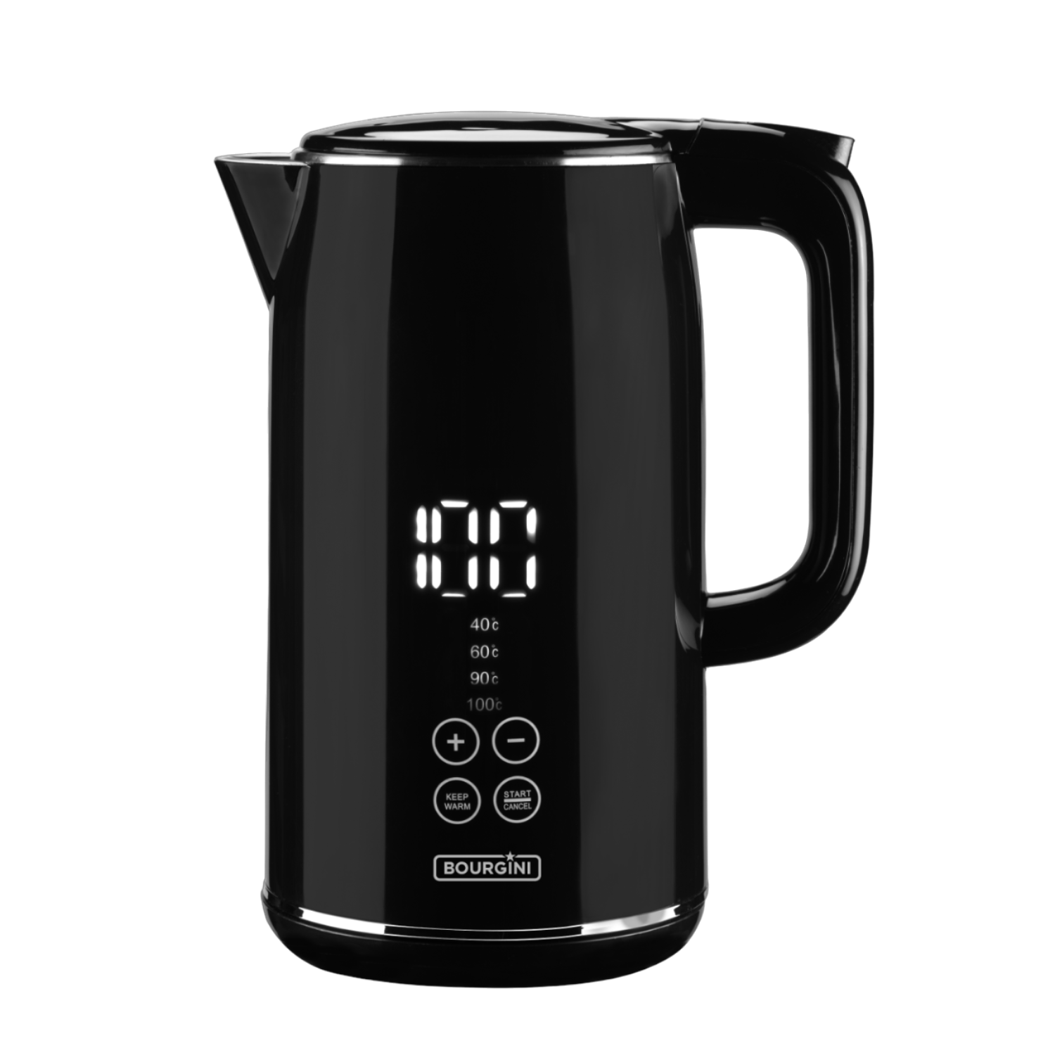 Black electric kettle with digital display showing 100°C, buttons, and a handle.