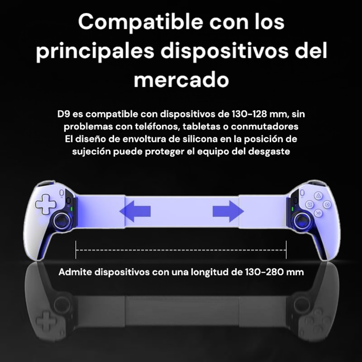 Mando de juego en blanco y negro para dispositivos de 130-280 mm de largo. Texto explica compatibilidad.