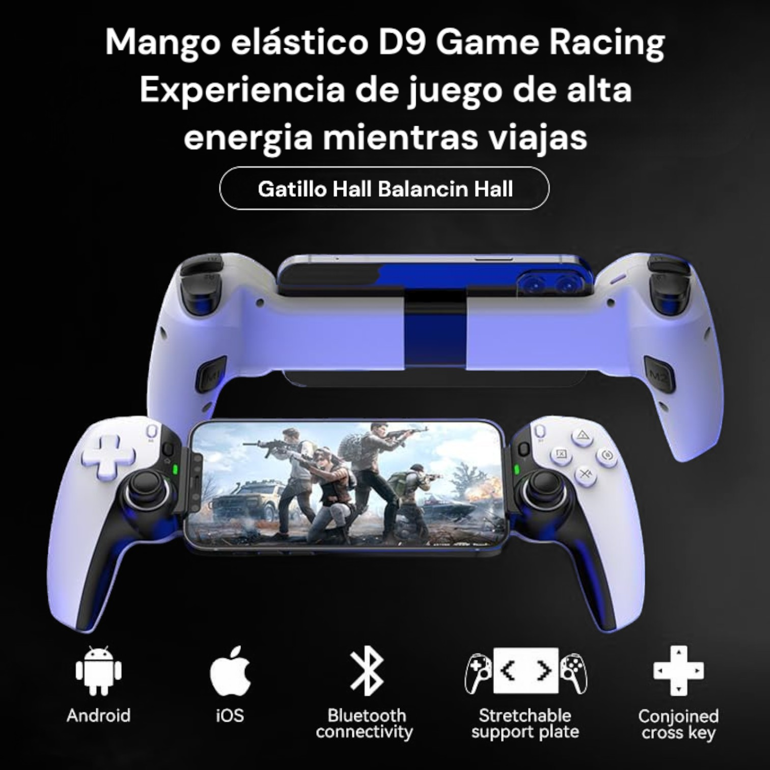 Mando de juegos sujetando un teléfono con un juego, con iconos de Android e iOS.