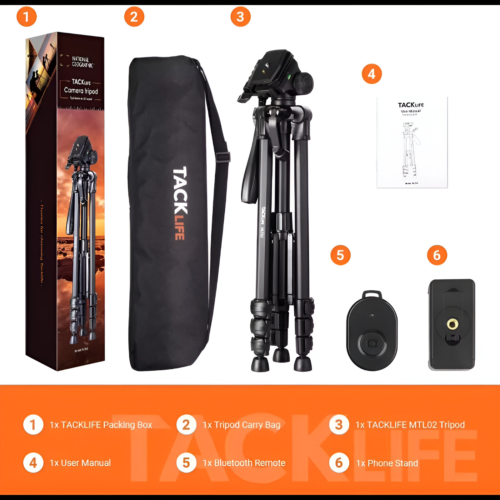 Kit de trípode con caja, bolsa de transporte, trípode, manual, mando a distancia y soporte para teléfono. Marca TACKLIFE.