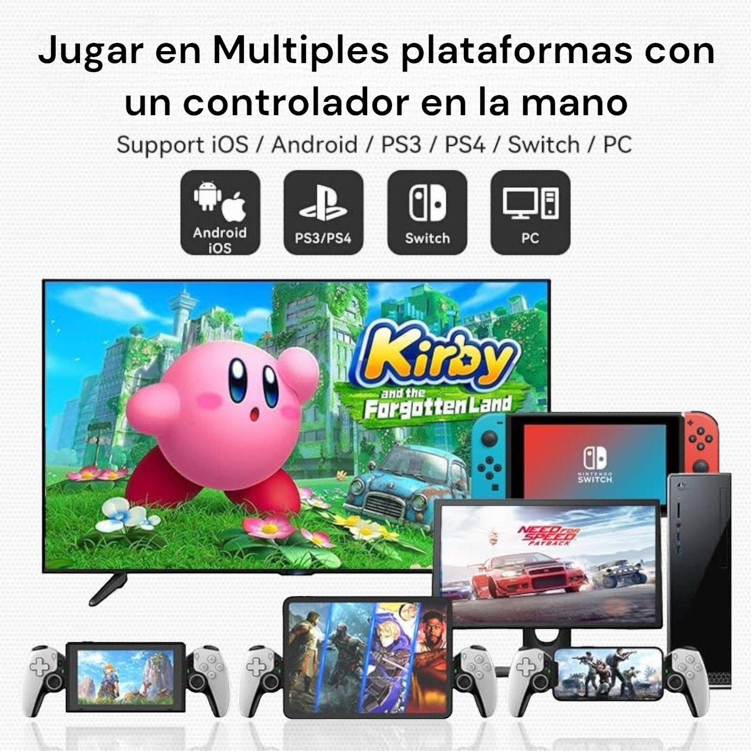 Una colección de consolas de juegos, mandos y una pantalla de TV, con el juego Kirby en exhibición.