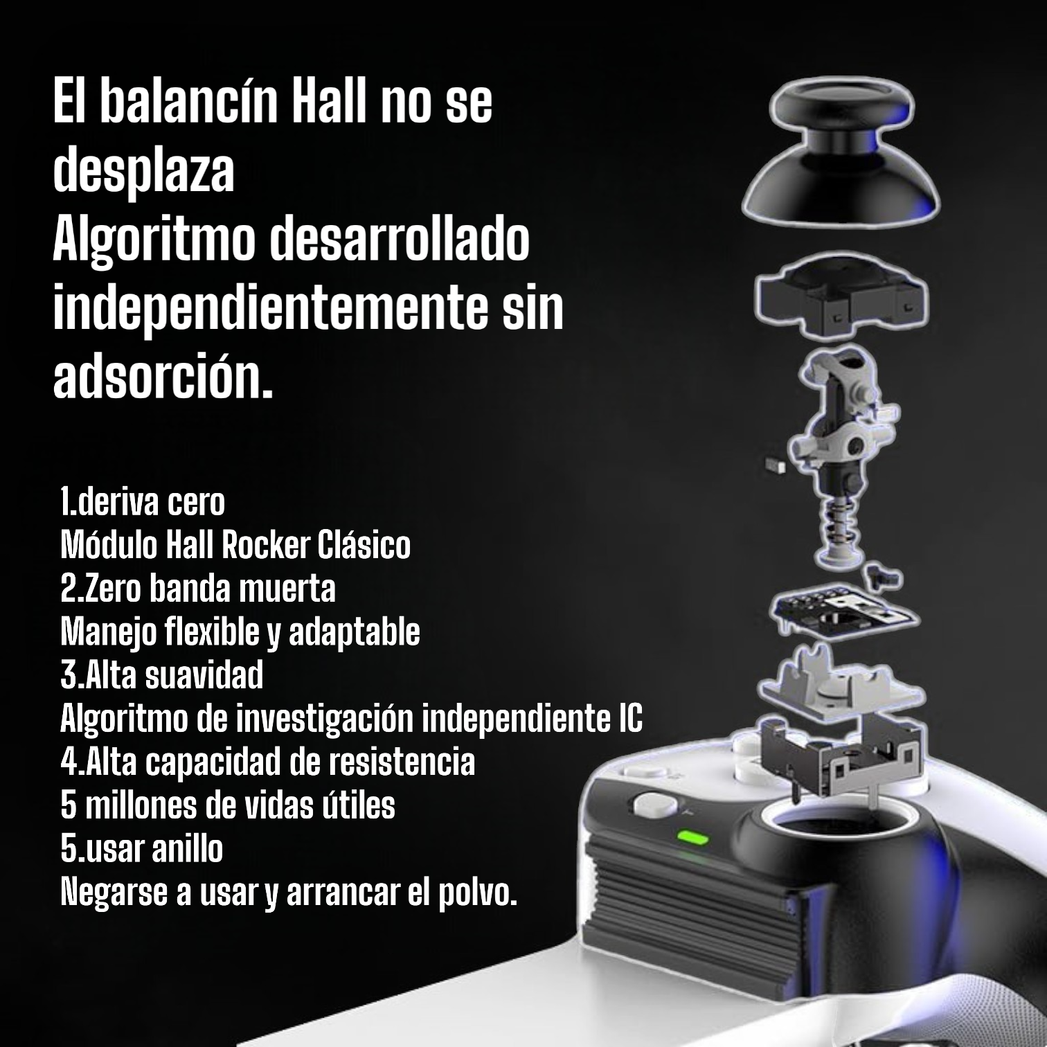 Mando de juegos desmontado. Se muestran varios componentes. Texto en español e inglés. Fondo blanco.