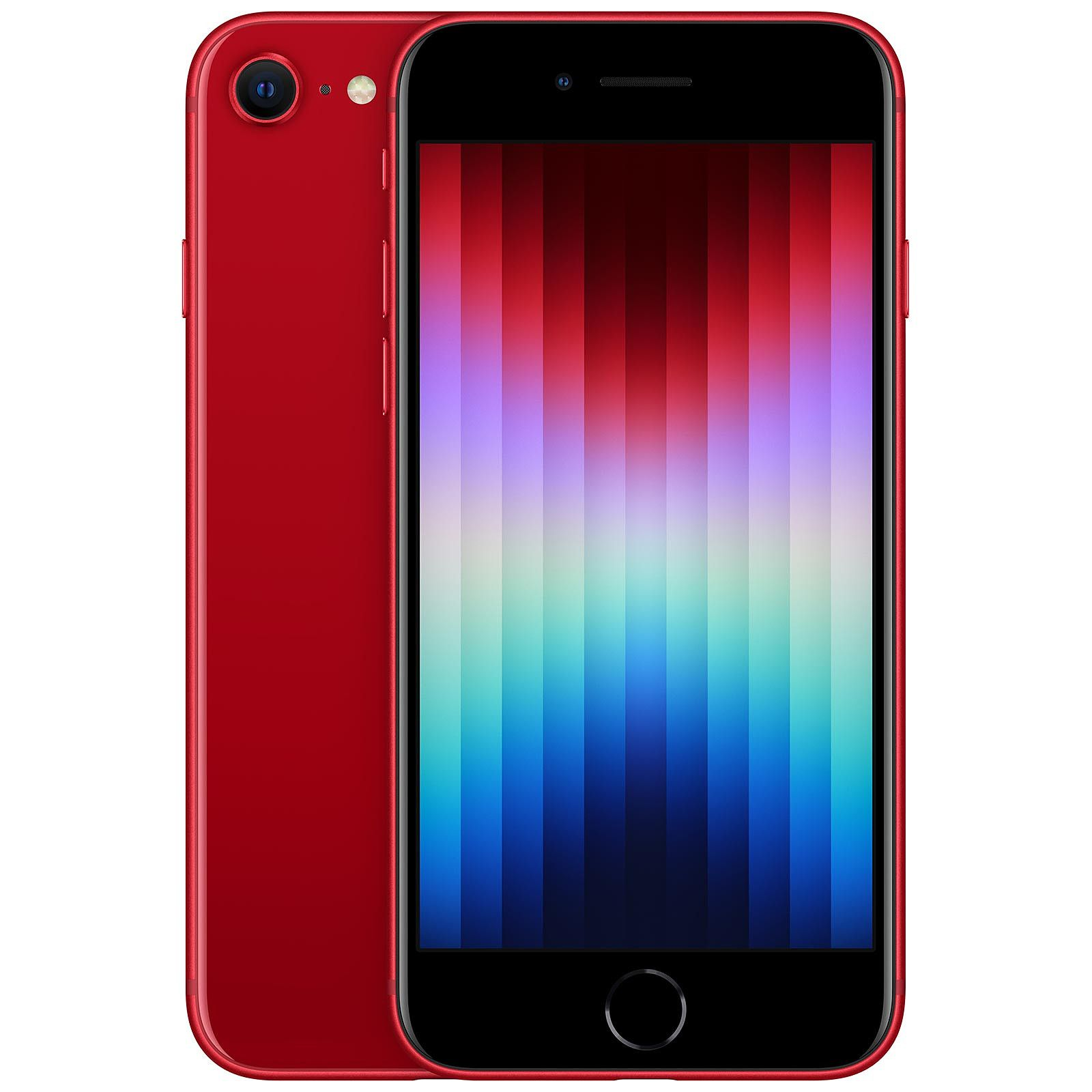 Rotes iPhone SE der 3. Generation, mit roter Rückseite und schwarzem Bildschirm.