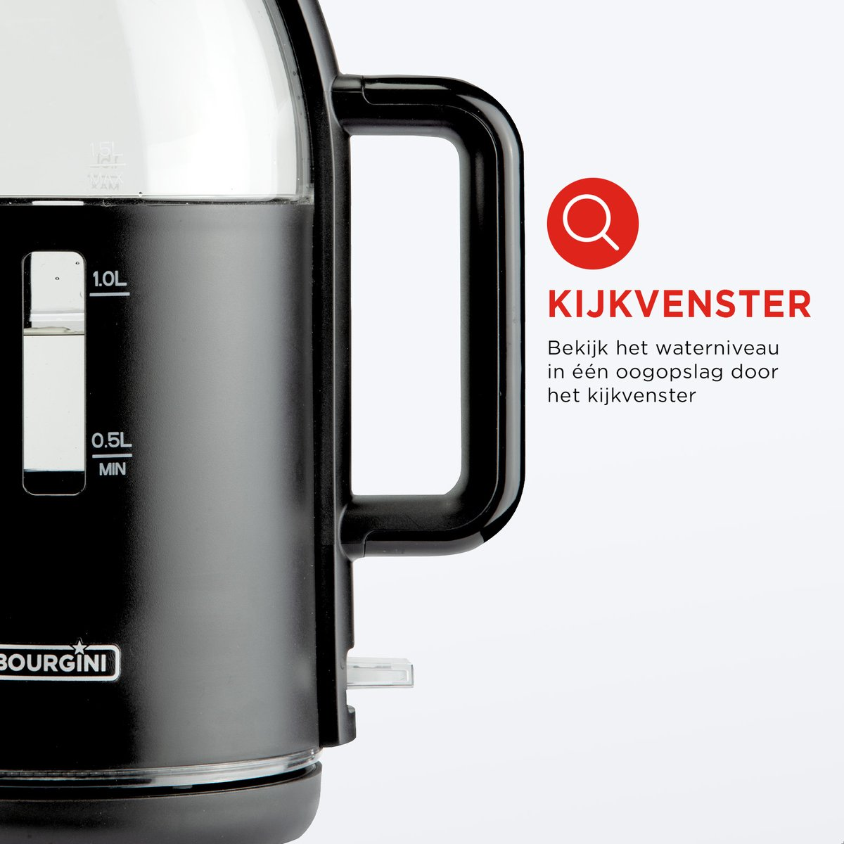 Czarny czajnik elektryczny ze szklanym okienkiem pokazującym poziom wody. Tekst po holendersku.
