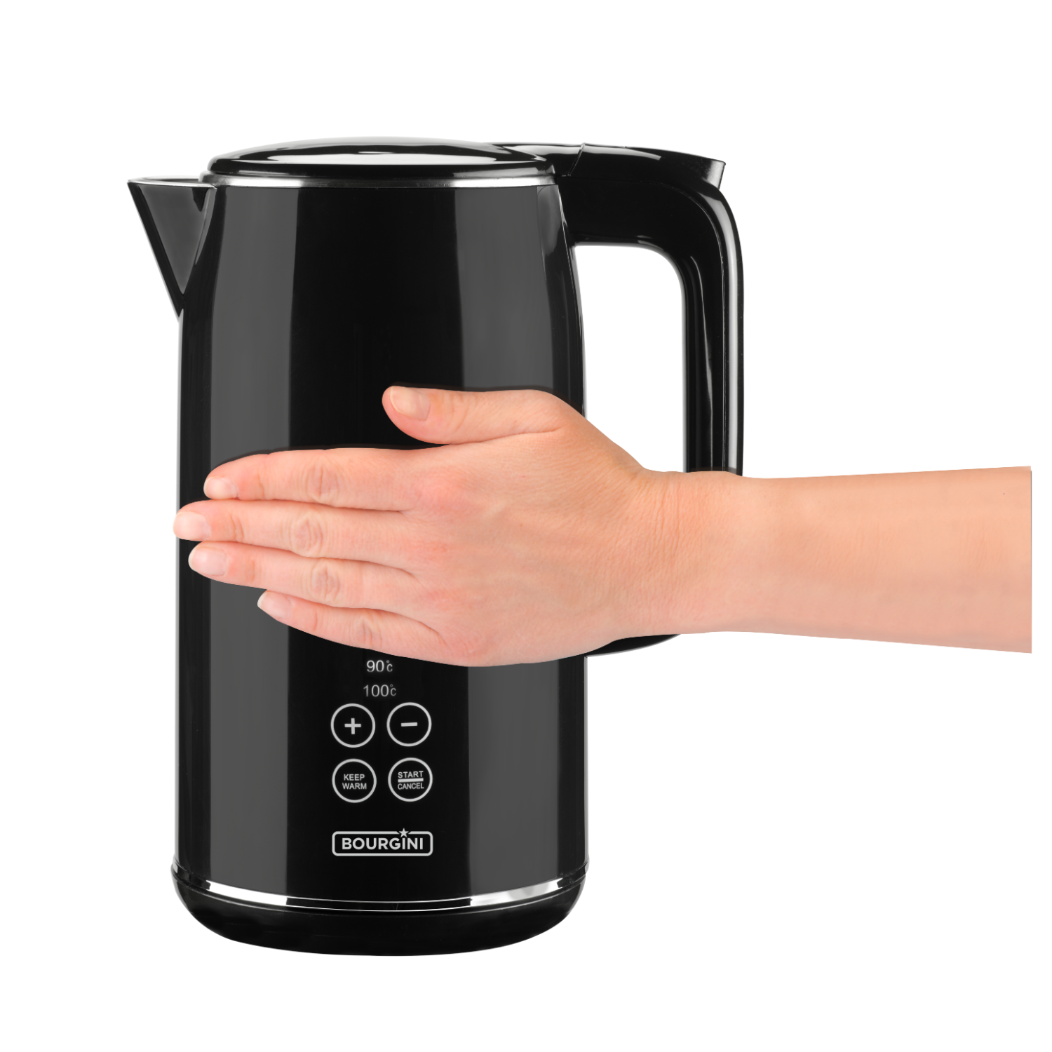 Black electric kettle with buttons and hand touching the side.