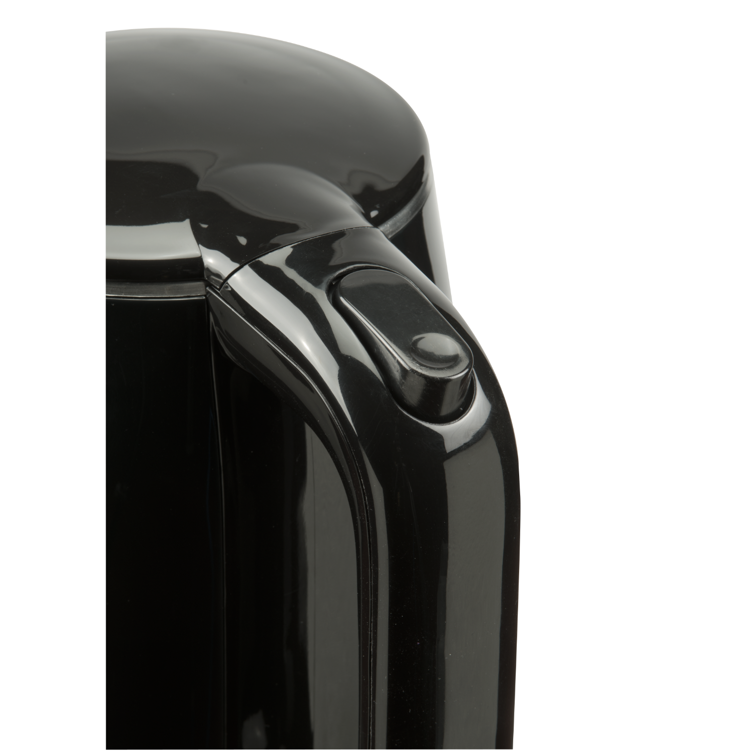 Close-up of a black electric kettle with a power button on the handle.