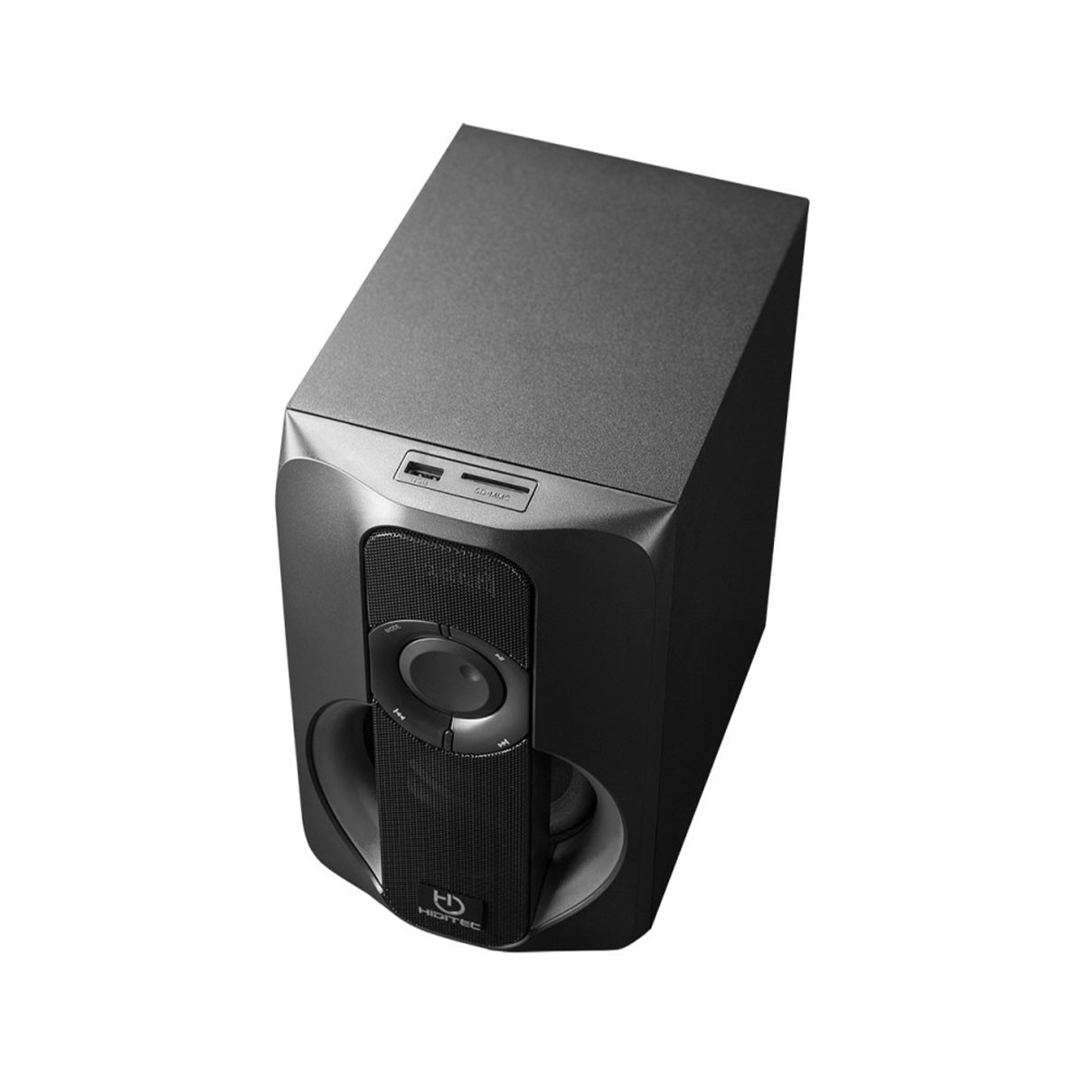 Cassa altoparlante nera. Ha un pannello frontale con altoparlante e pulsanti di controllo. Parte superiore con porte USB e SD.