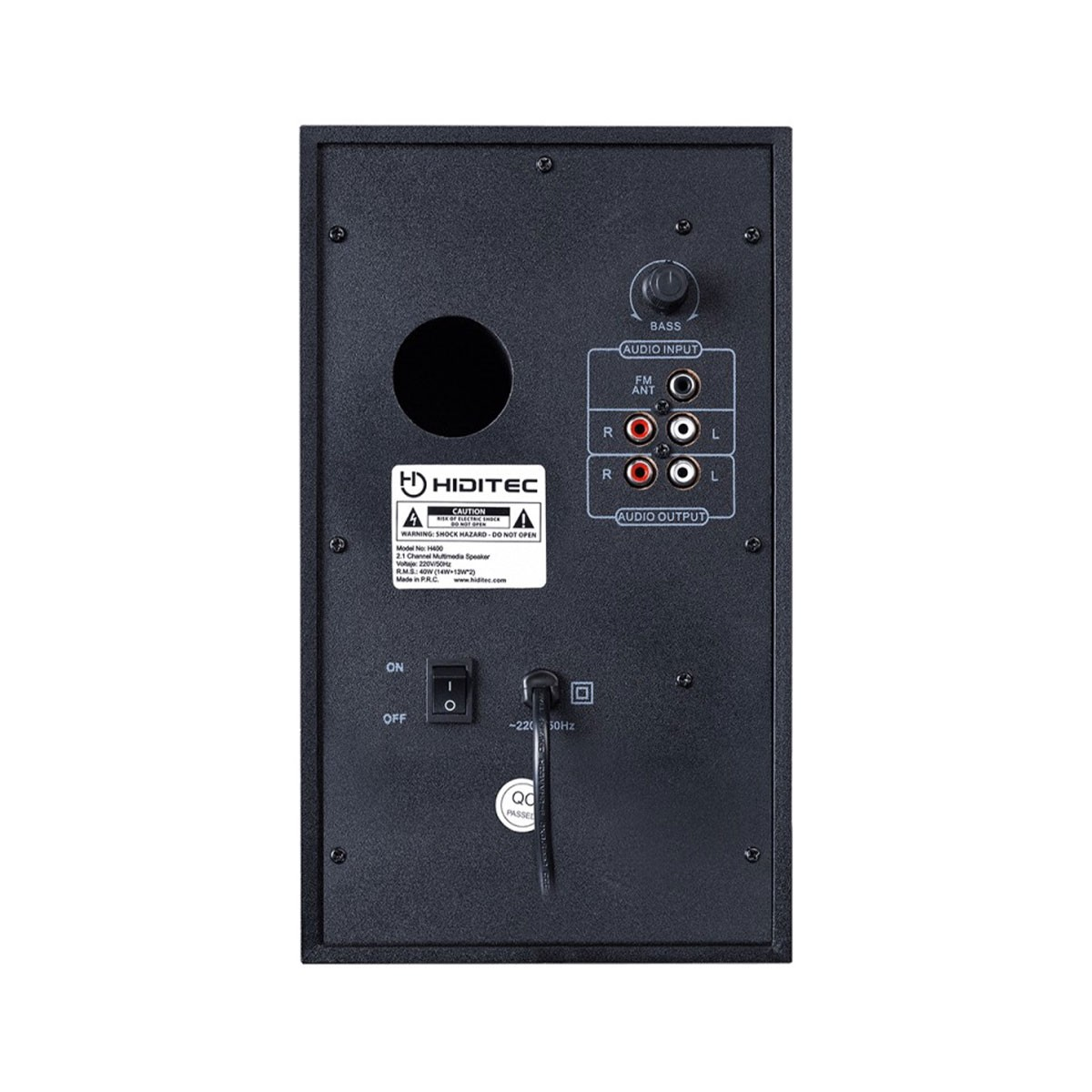 Retro di un altoparlante nero. Ha porte di ingresso e uscita audio, con un interruttore di alimentazione e una manopola di controllo del volume.