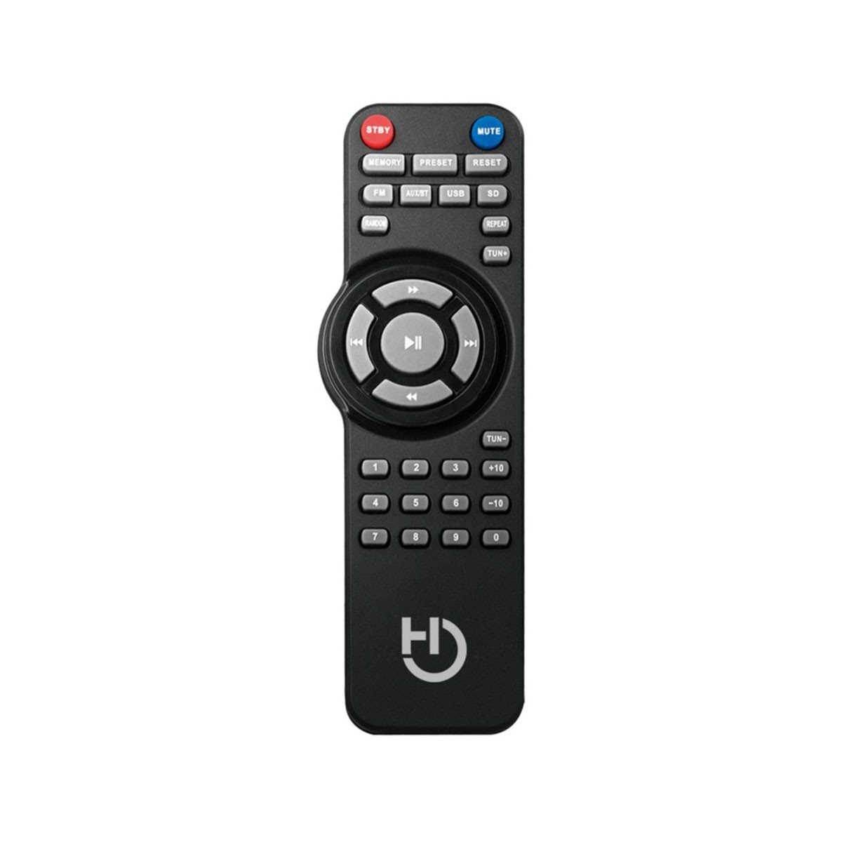 Telecomando nero con molti pulsanti. Pulsanti STBY, MUTE e altri.