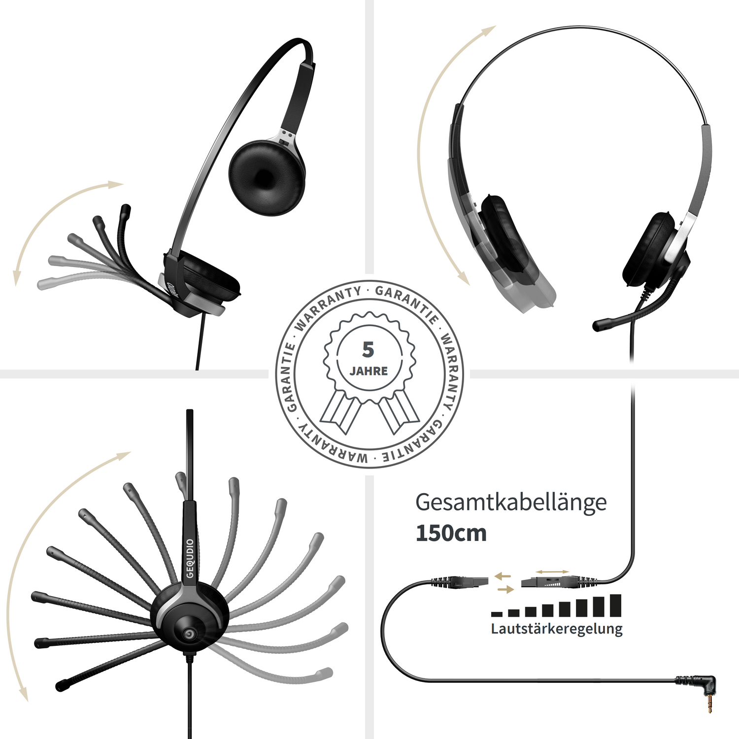 Headset mit verschiedenen Ansichten: Headset mit Mikrofon und Einstellmöglichkeiten. Hintergrund ist weiß.