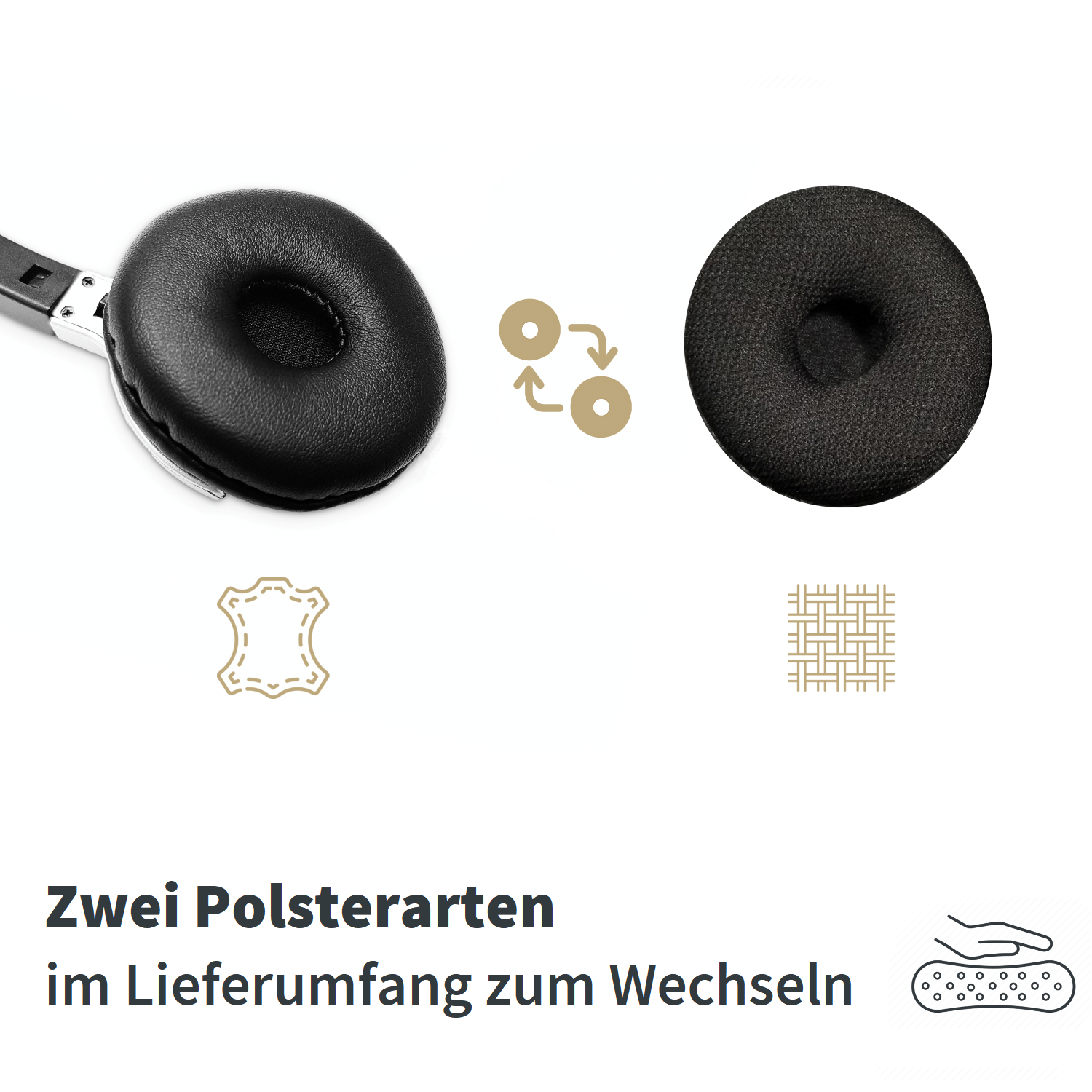 Kopfhörer-Ohrmuscheln mit zwei Arten von Polstern: Leder und Stoff, mit Symbolen.