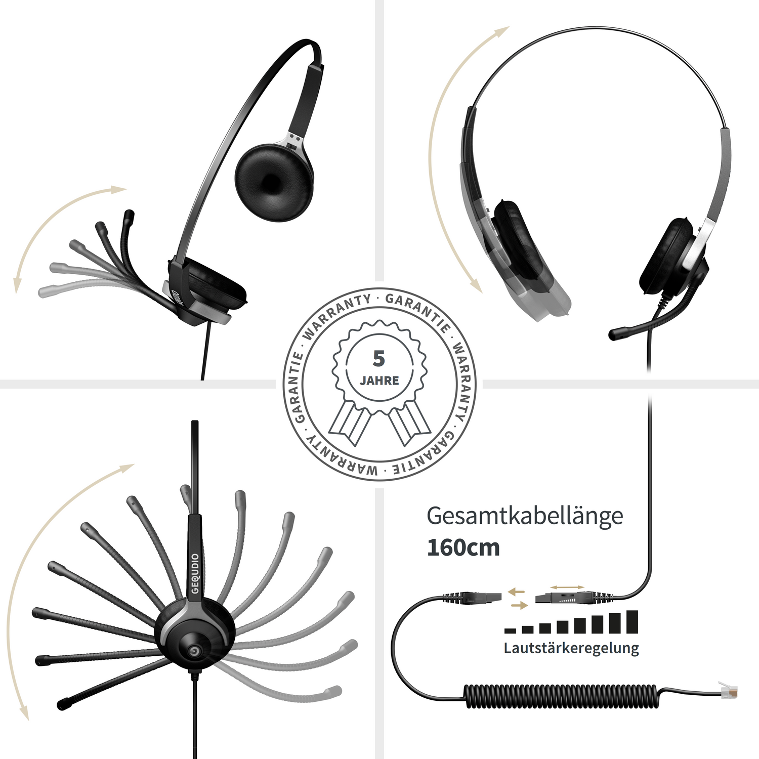 Headset met meerdere weergaven die het ontwerp en de flexibiliteit laten zien.