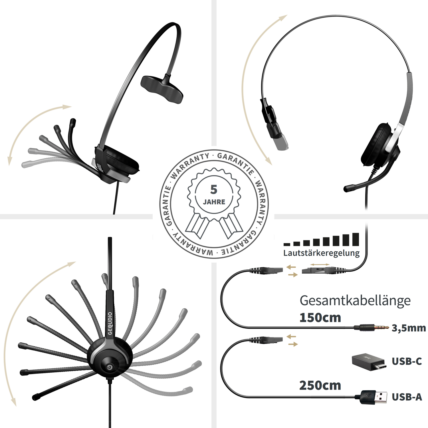 Quattro immagini di un auricolare che mostrano le diverse viste e funzionalità. Ha una garanzia.