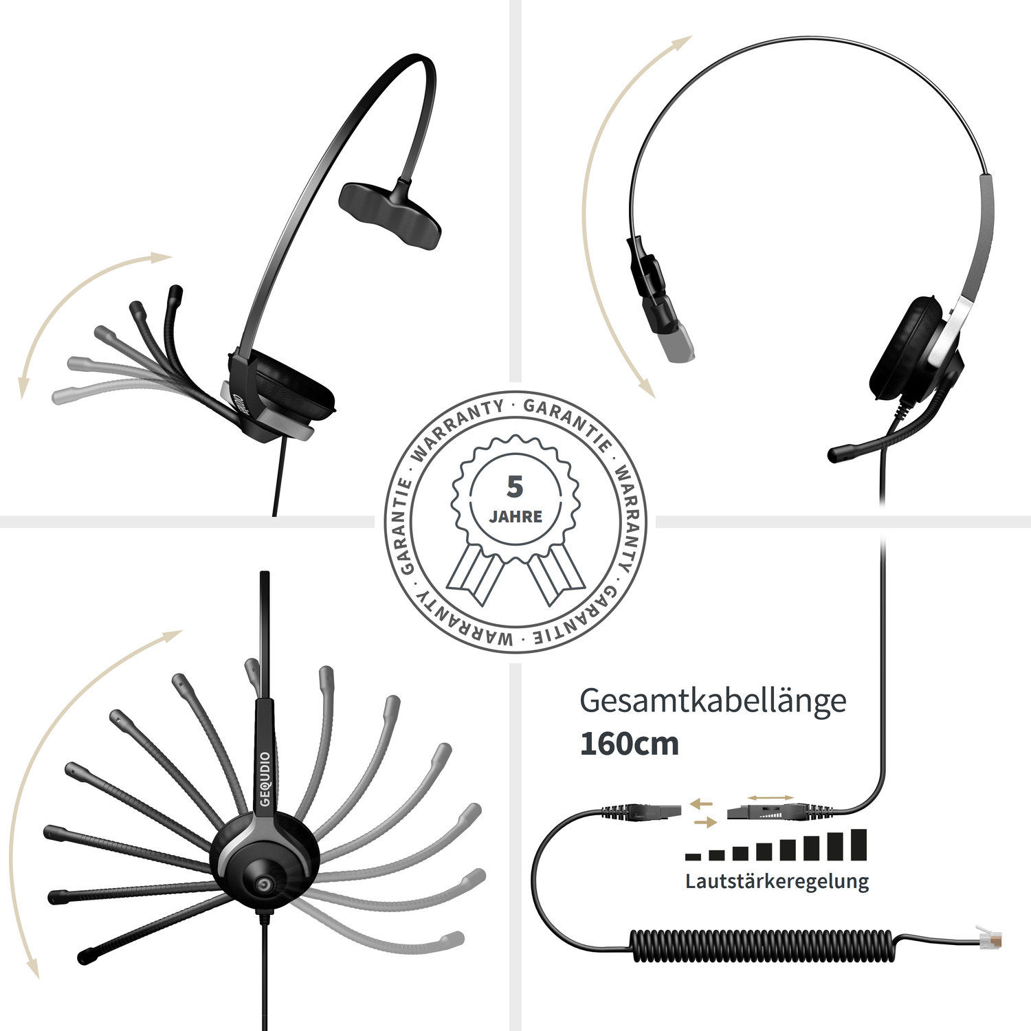 Mehrere Ansichten eines Headsets, Kabels und Garantieinformationen.