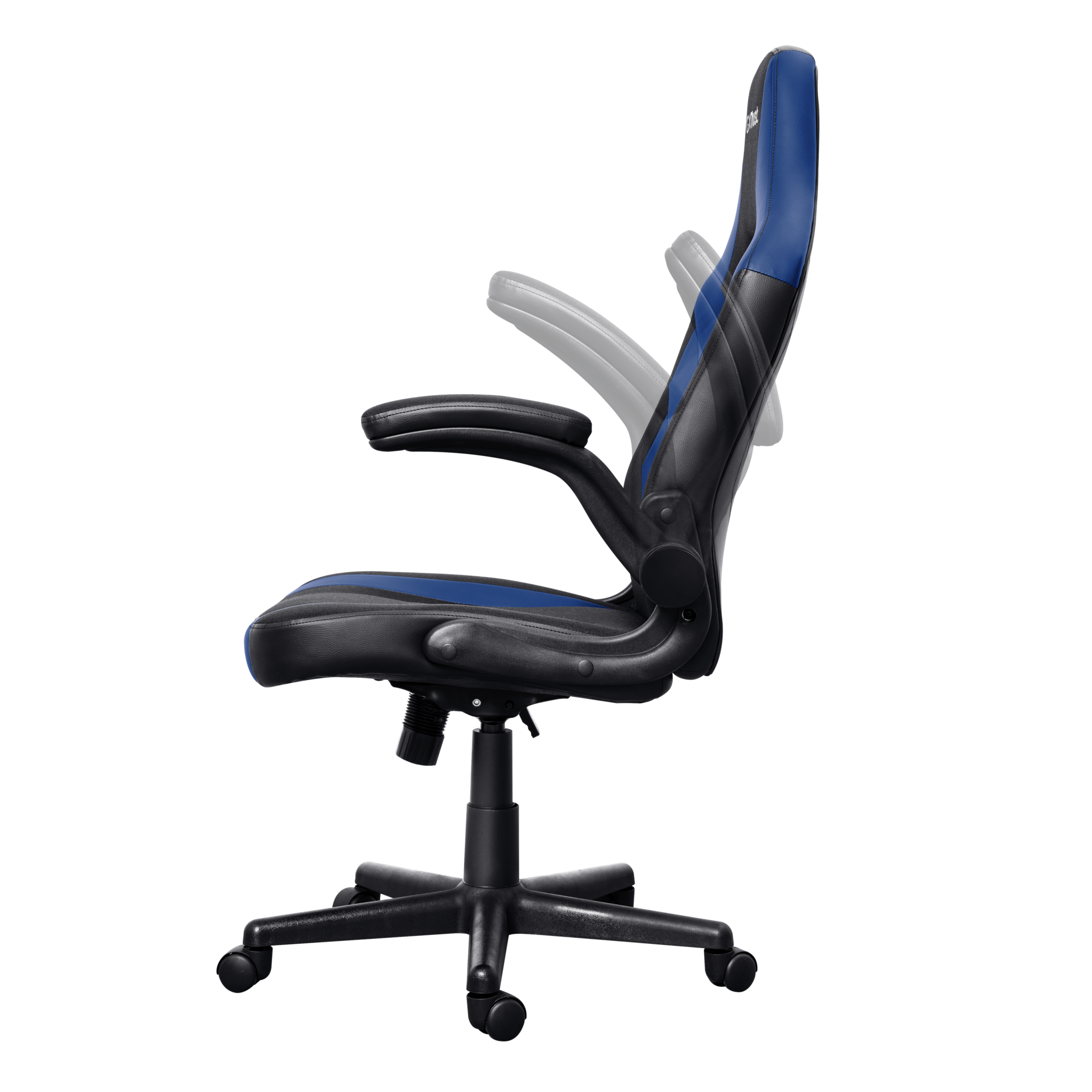 Gaming-Stuhl, Seitenansicht, schwarz und blau. Armlehnen und Basis zeigend.