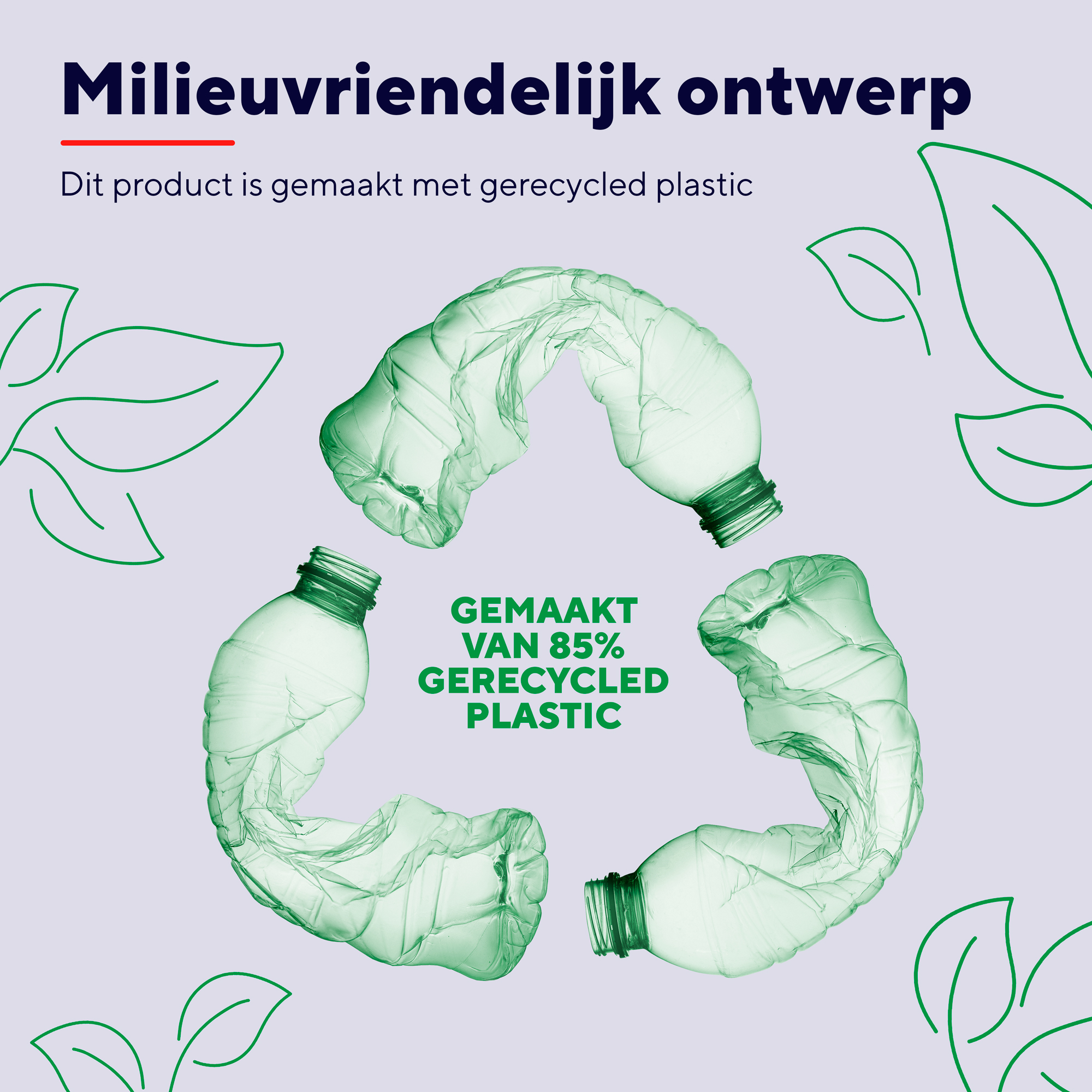 Butelki z recyklingu tworzące symbol recyklingu, zielone liście.