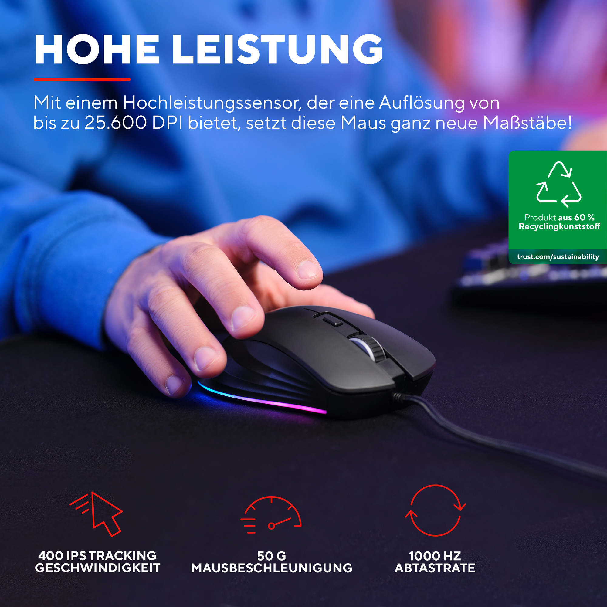 Black gaming mouse with RGB lighting. Text highlights high performance, 25.600 DPI, and recycling.