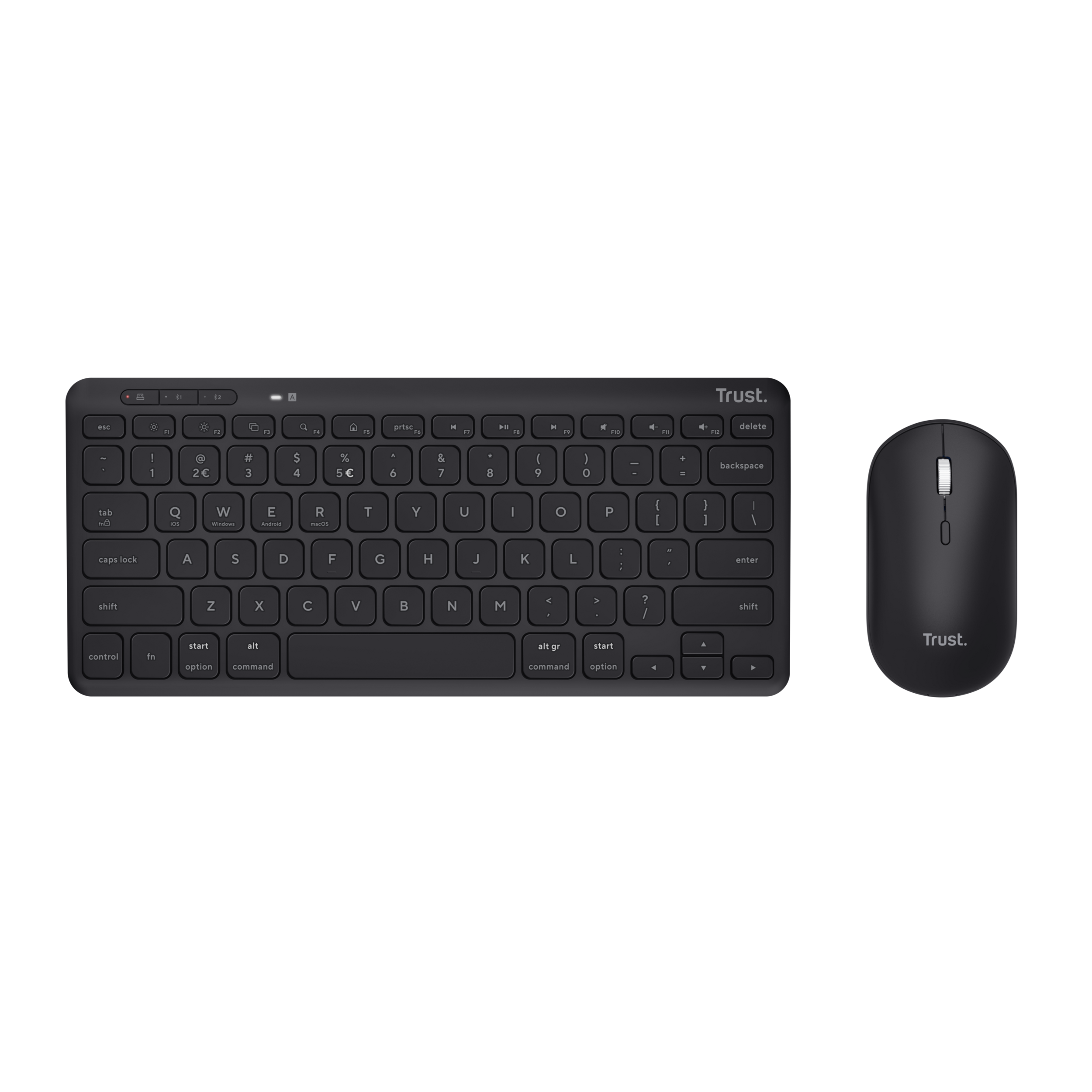 Czarny zestaw klawiatury i myszy na czarnej powierzchni.