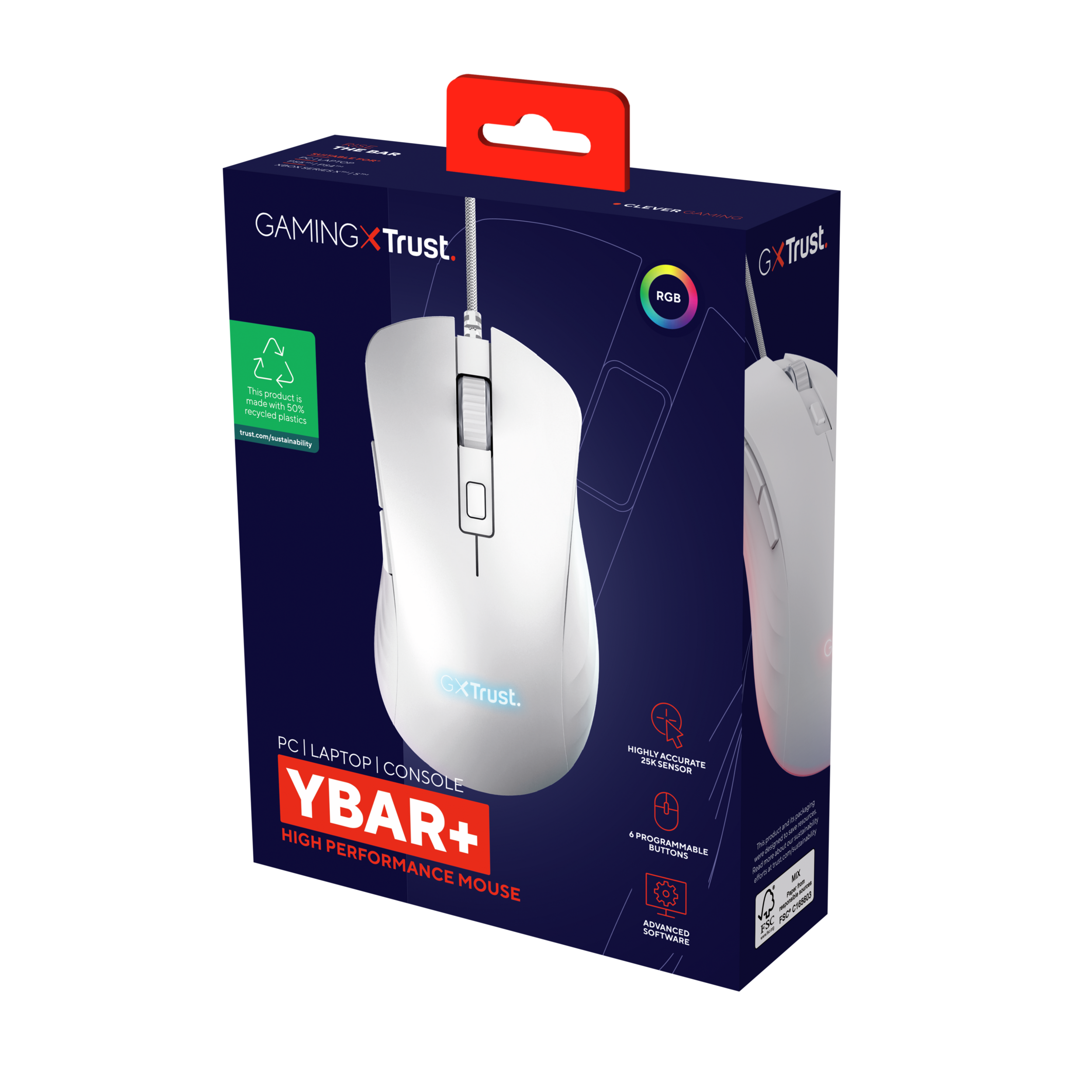 Eine weiße Gaming-Maus in einer Box mit Text über das Produkt und seine Funktionen.