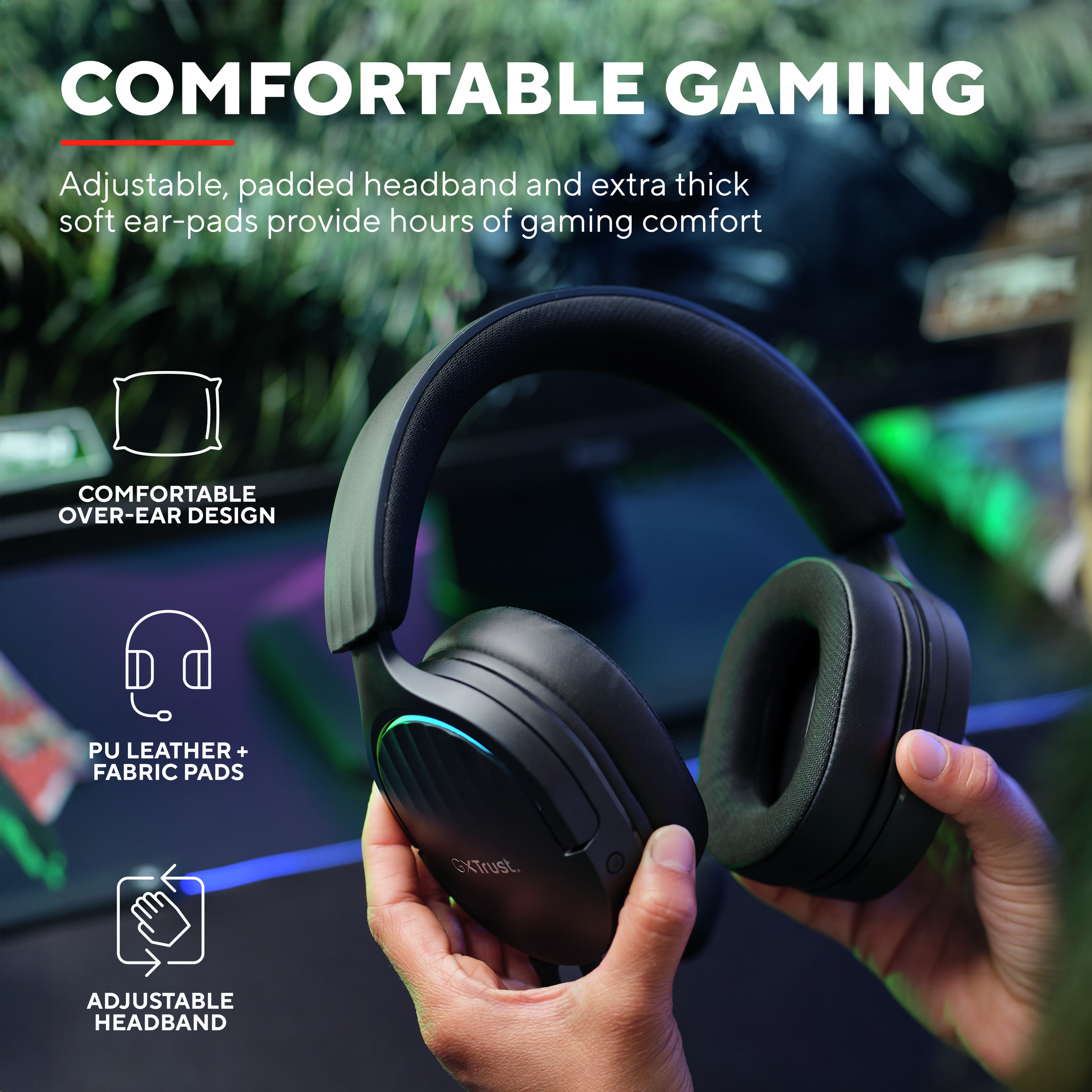Black gaming headset with text and icons describing features, held by a person.