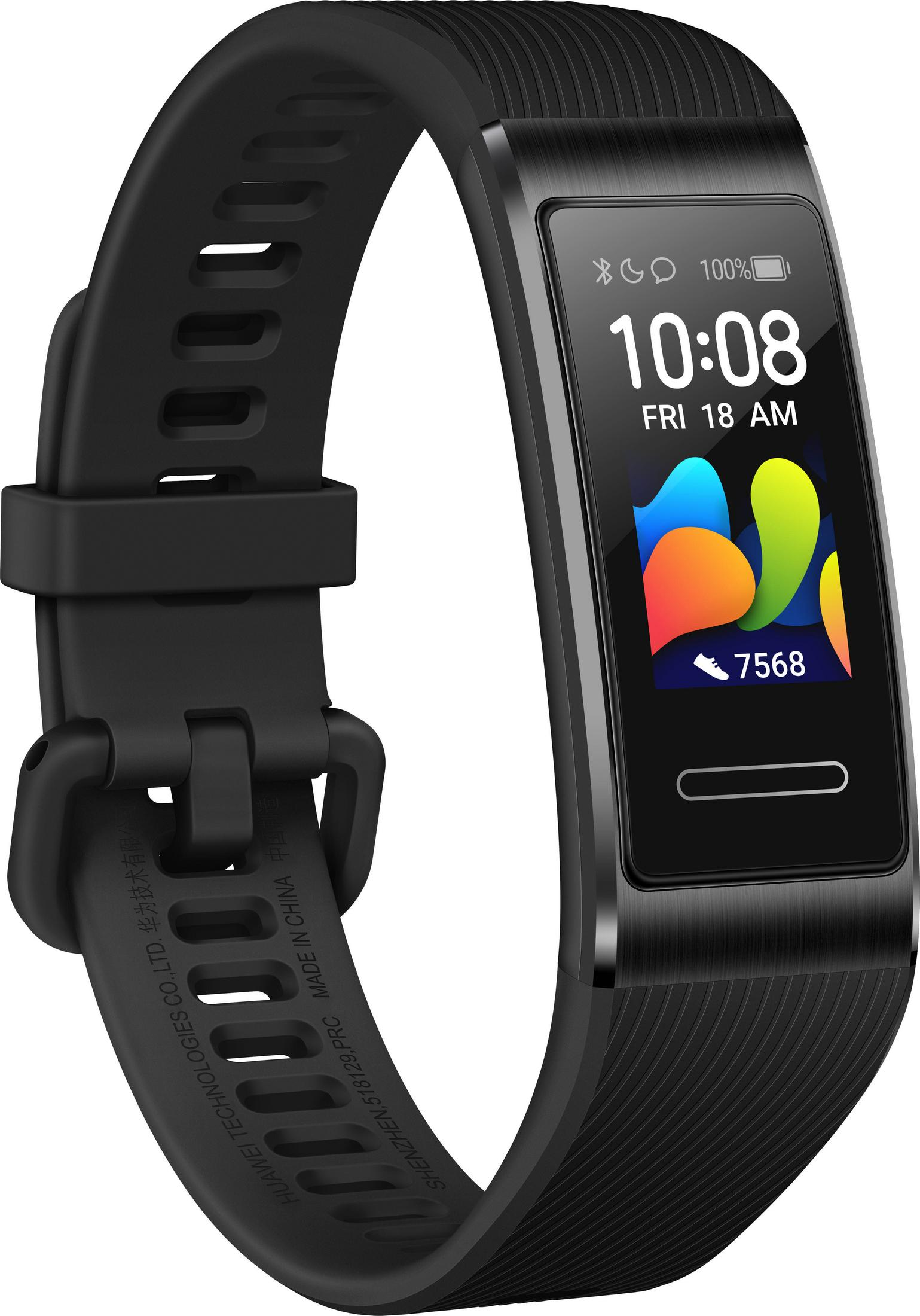 Schwarzer Fitnesstracker mit schwarzem Armband, Anzeige von Zeit und Akku.