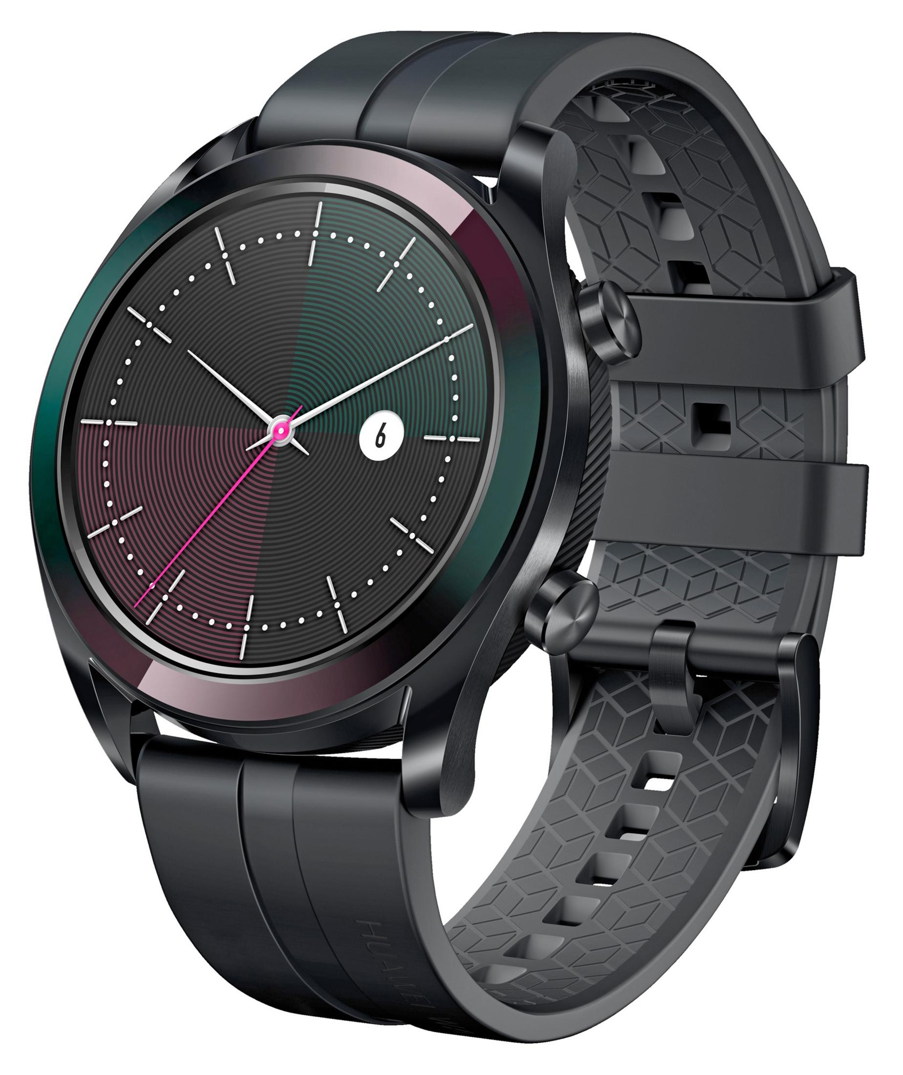 Eine schwarze Smartwatch mit rundem Zifferblatt und schwarzem Armband, vor weißem Hintergrund. Zeitanzeige.