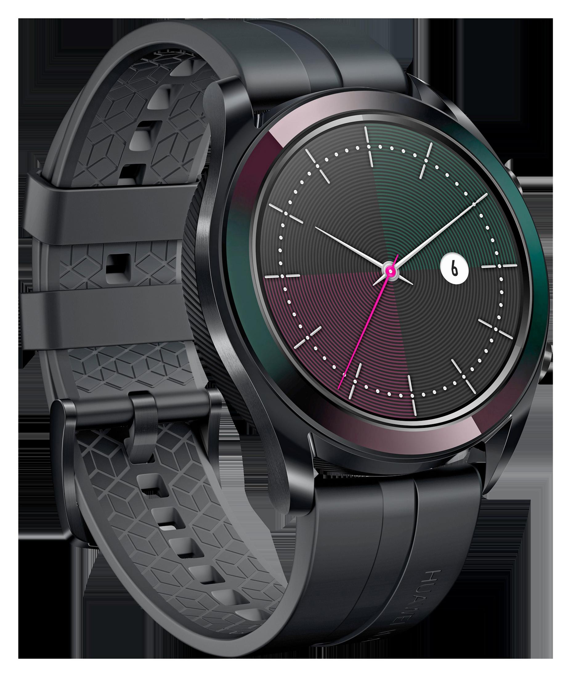 Schwarze Smartwatch mit dunklem Zifferblatt, schwarzem Armband und Datumsanzeige auf dem Zifferblatt.