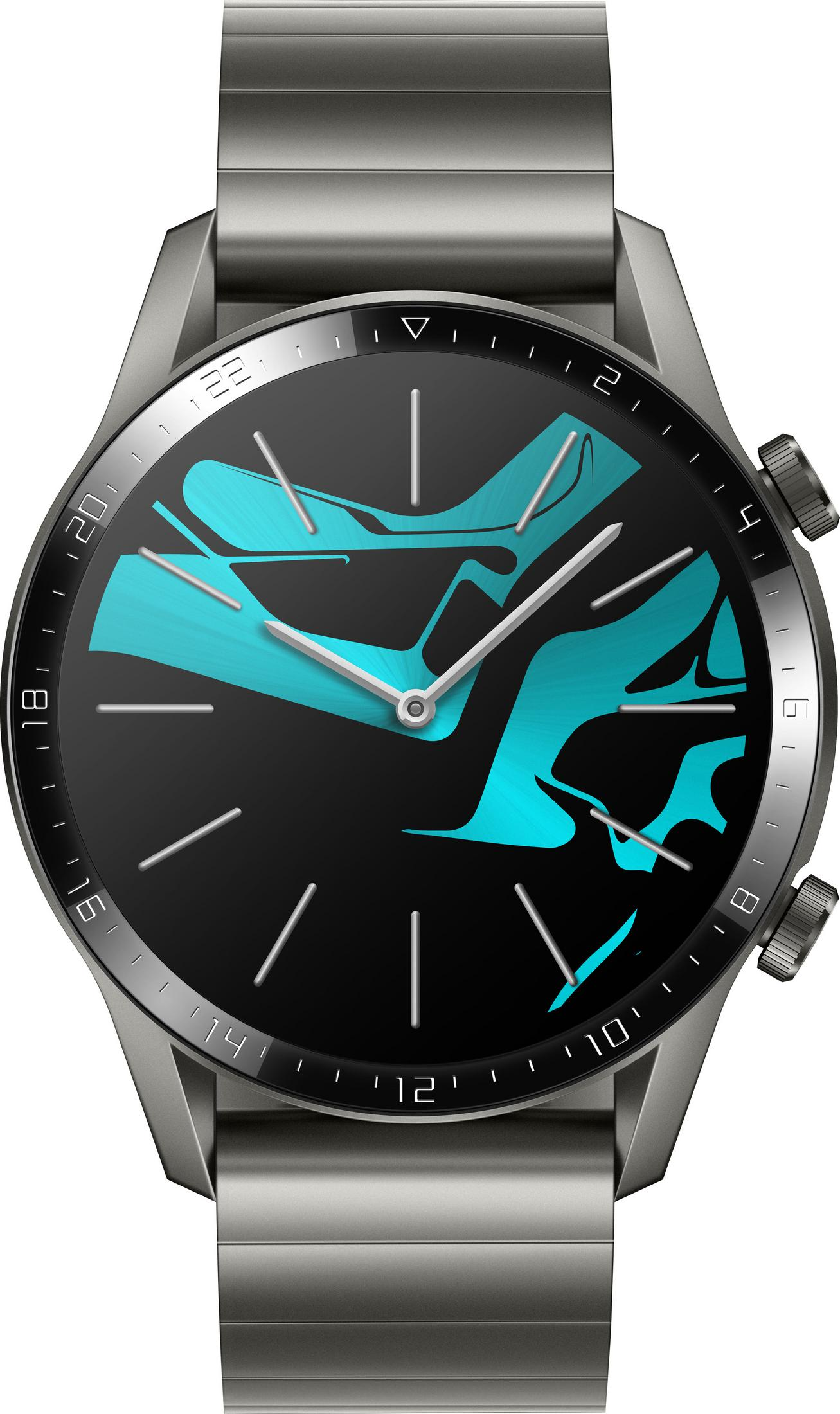 Nahaufnahme einer silbernen Smartwatch mit schwarzem Zifferblatt mit blauen abstrakten Formen und silbernen Zeigern.