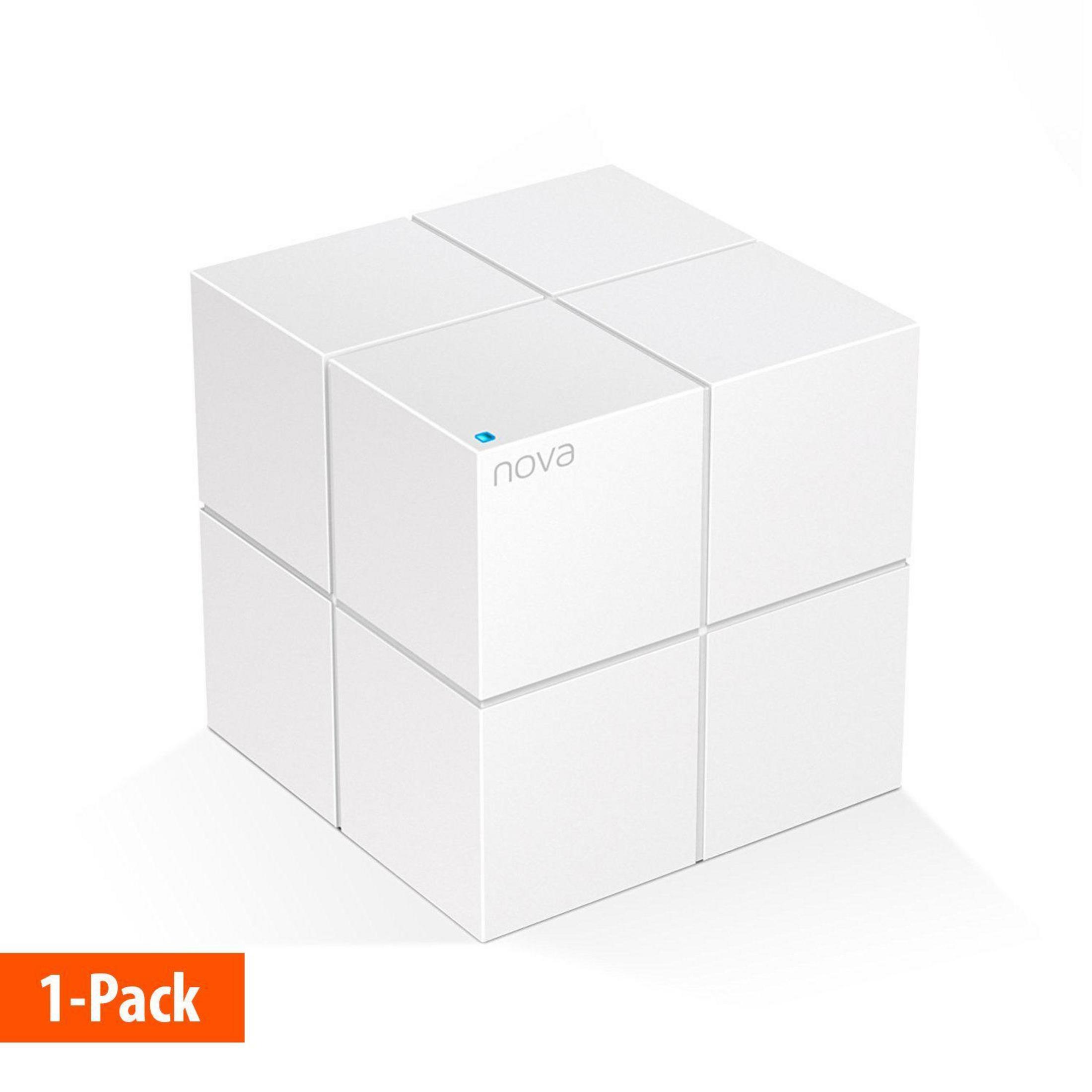 Białe urządzenie WiFi mesh w kształcie kostki z napisem 'nova'. Tekst '1-Pack' w pomarańczowym polu.