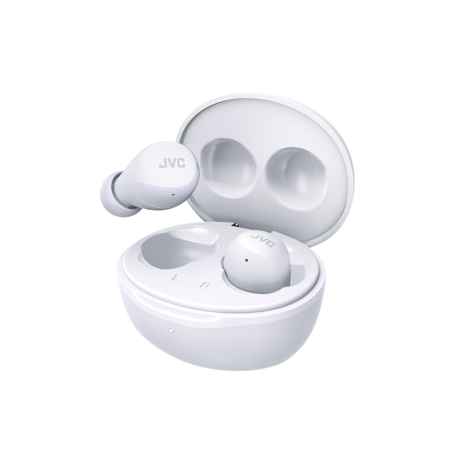 Białe słuchawki JVC i etui ładujące. Znajdują się na ciemnym tle.