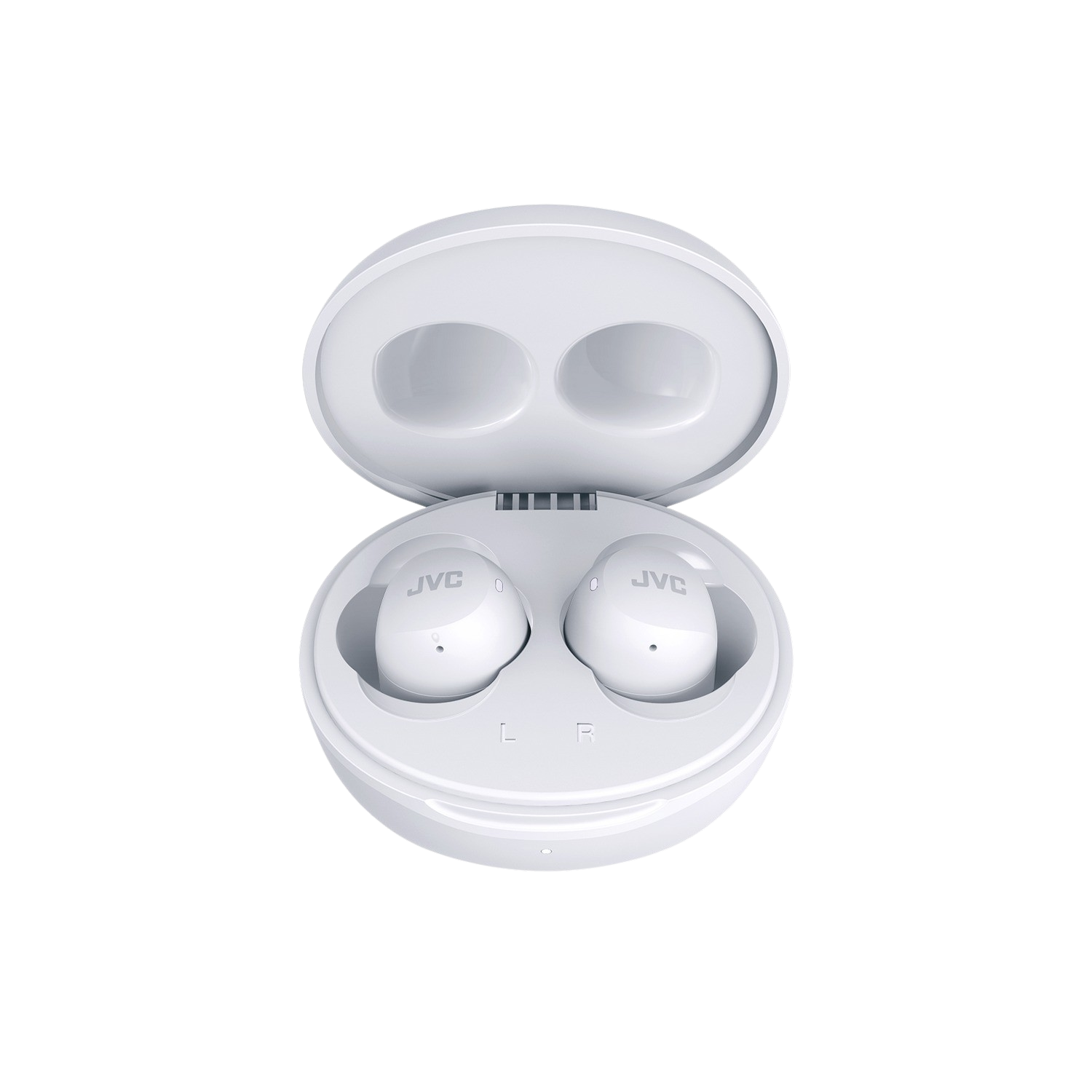 Białe słuchawki douszne w etui ładującym. Etui jest otwarte, a słuchawki widoczne.