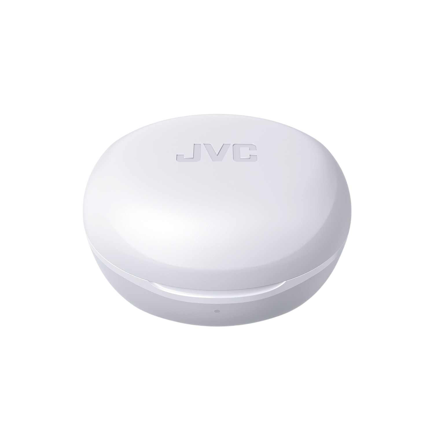Białe, owalne etui na słuchawki JVC, zamknięte, na czarnym tle.