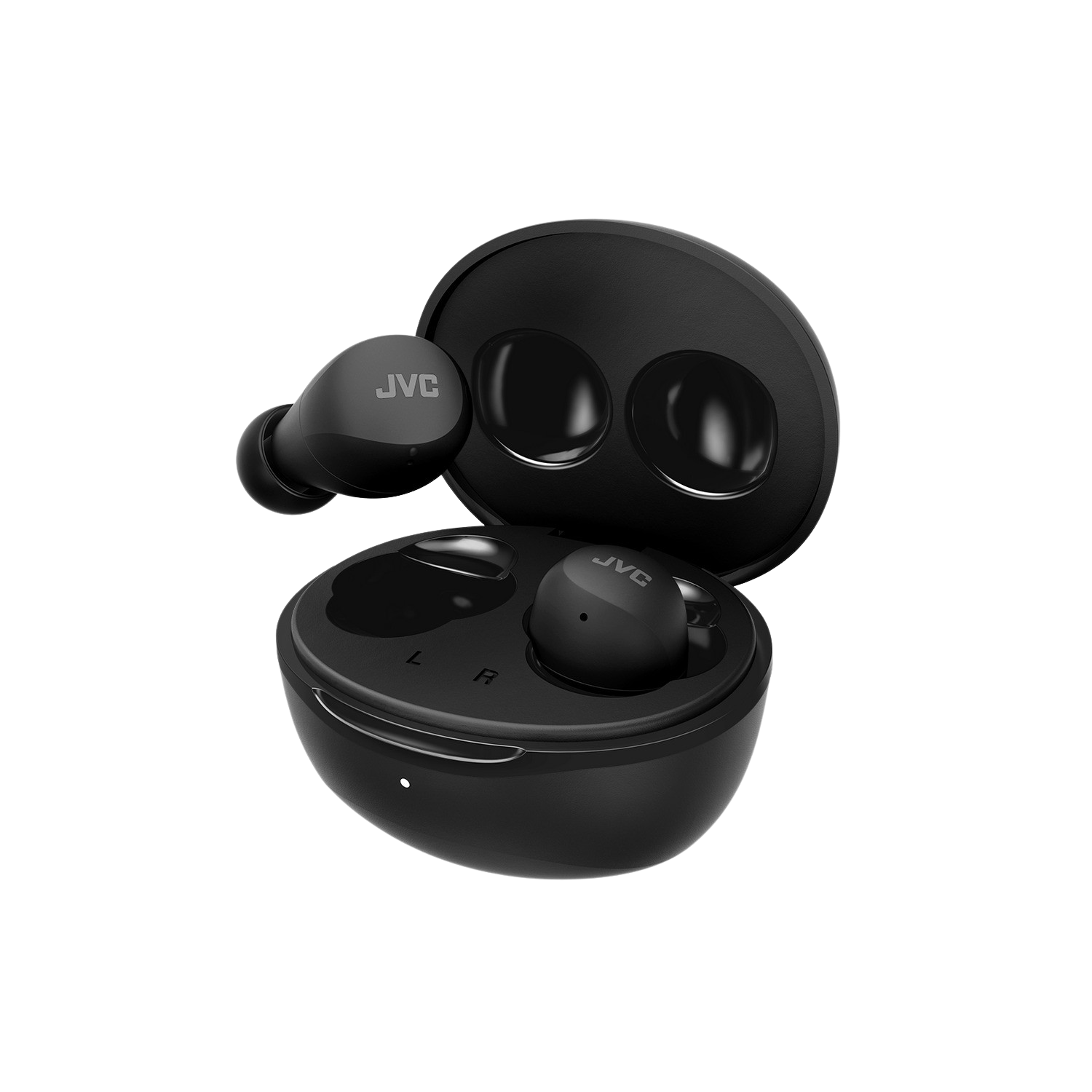 Czarne słuchawki JVC i etui ładujące na czarnym tle. Etui jest otwarte, wyświetlając słuchawki.