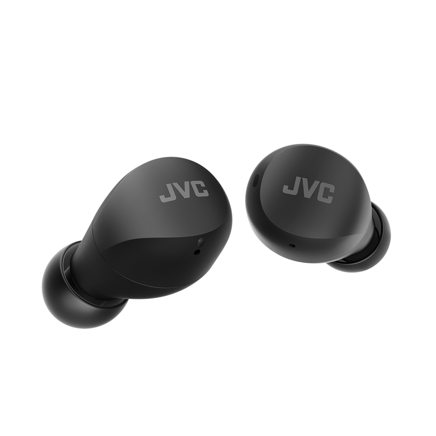 Dwa czarne słuchawki JVC na czarnym tle. Słuchawki mają logo JVC.