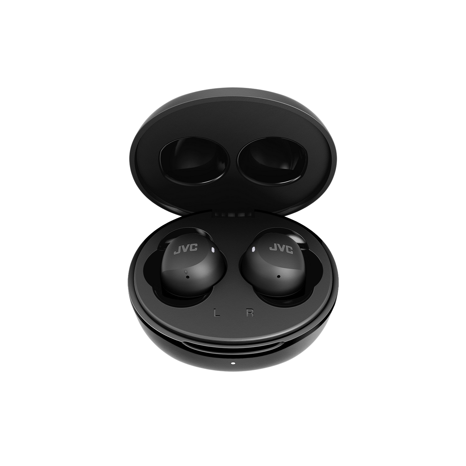 Białe słuchawki JVC w czarnym etui ładującym. Etui jest otwarte.