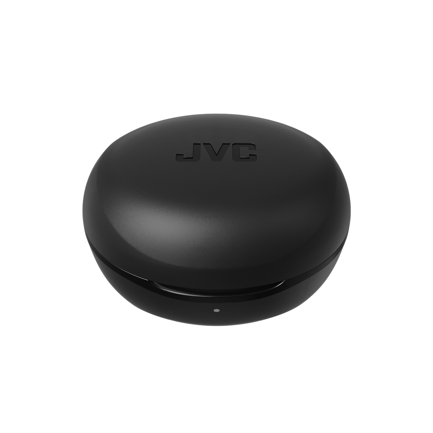Czarne, zaokrąglone etui ładujące do słuchawek JVC, z nazwą marki na górze, na czarnym tle.