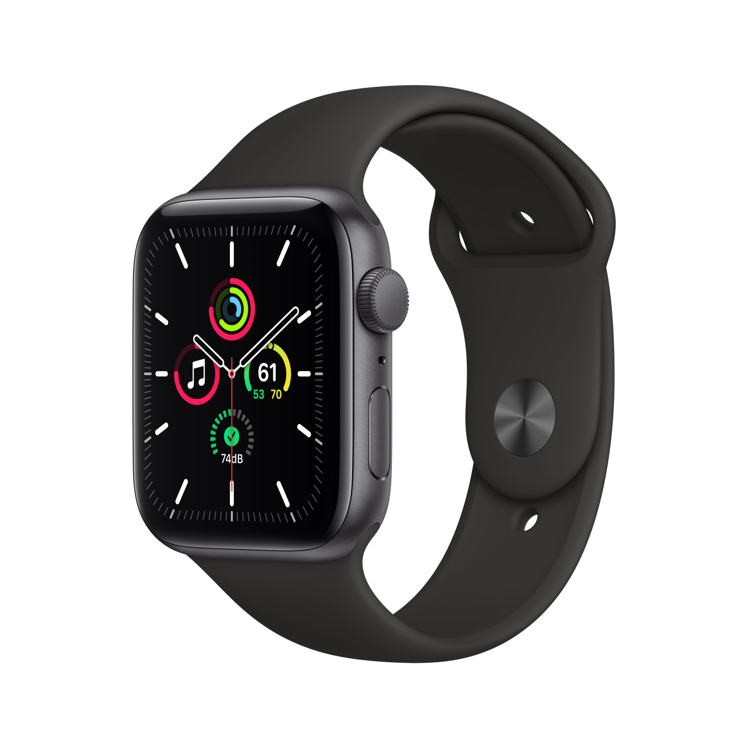 Apple Watch negra con correa gris oscuro, mostrando la hora y métricas de salud.