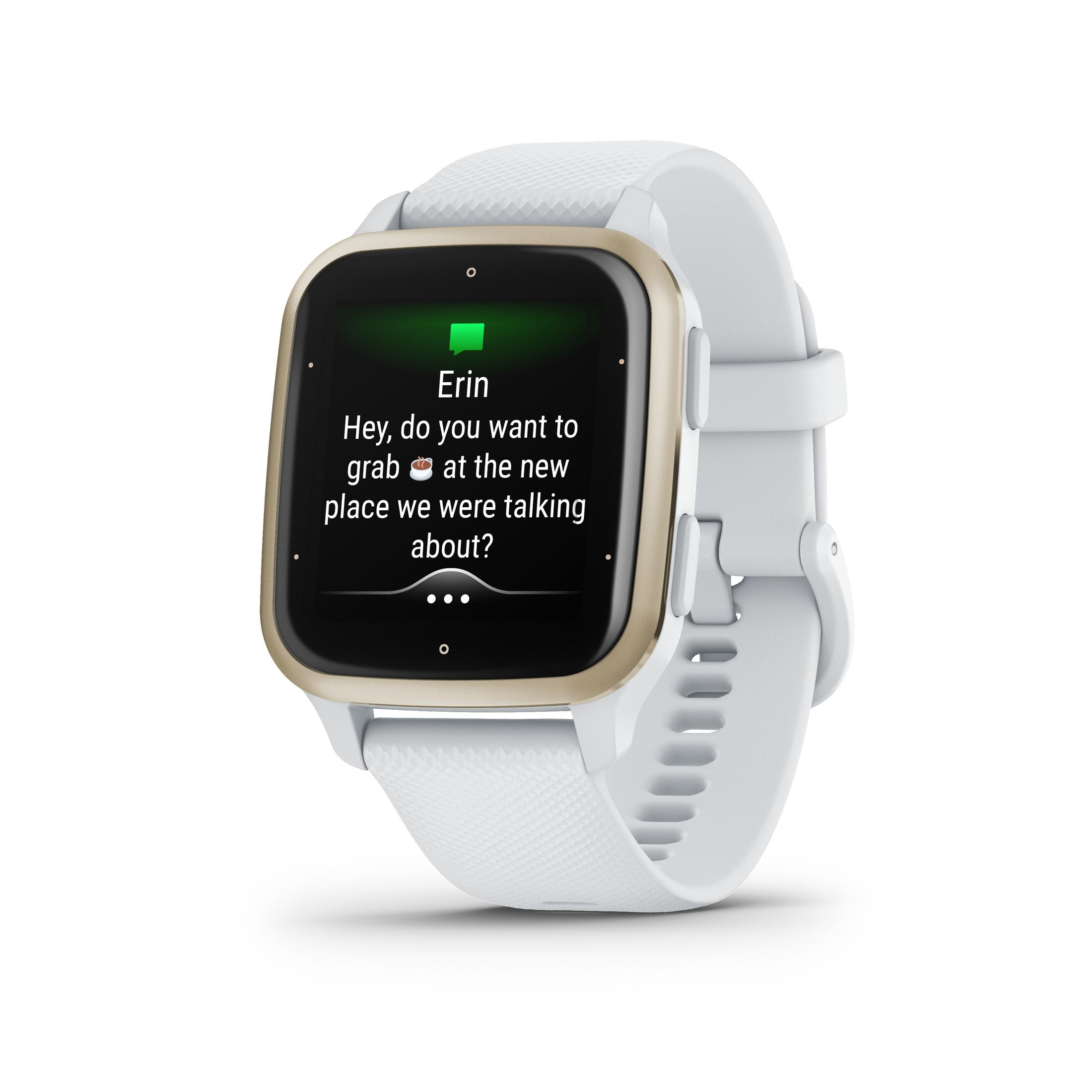 Eine weiße Smartwatch, die eine Textnachrichtenkonversation anzeigt.