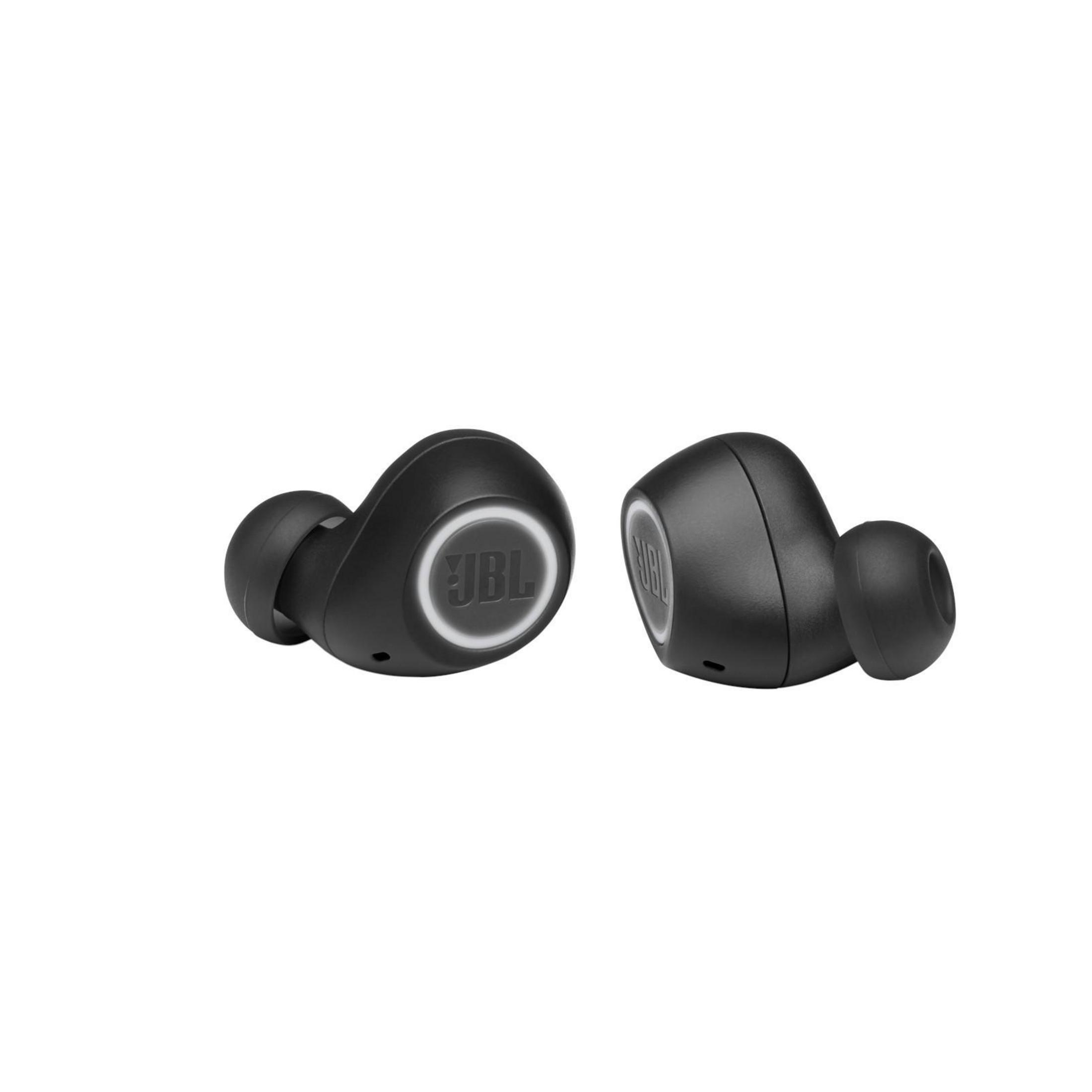 Due auricolari JBL neri su sfondo bianco.