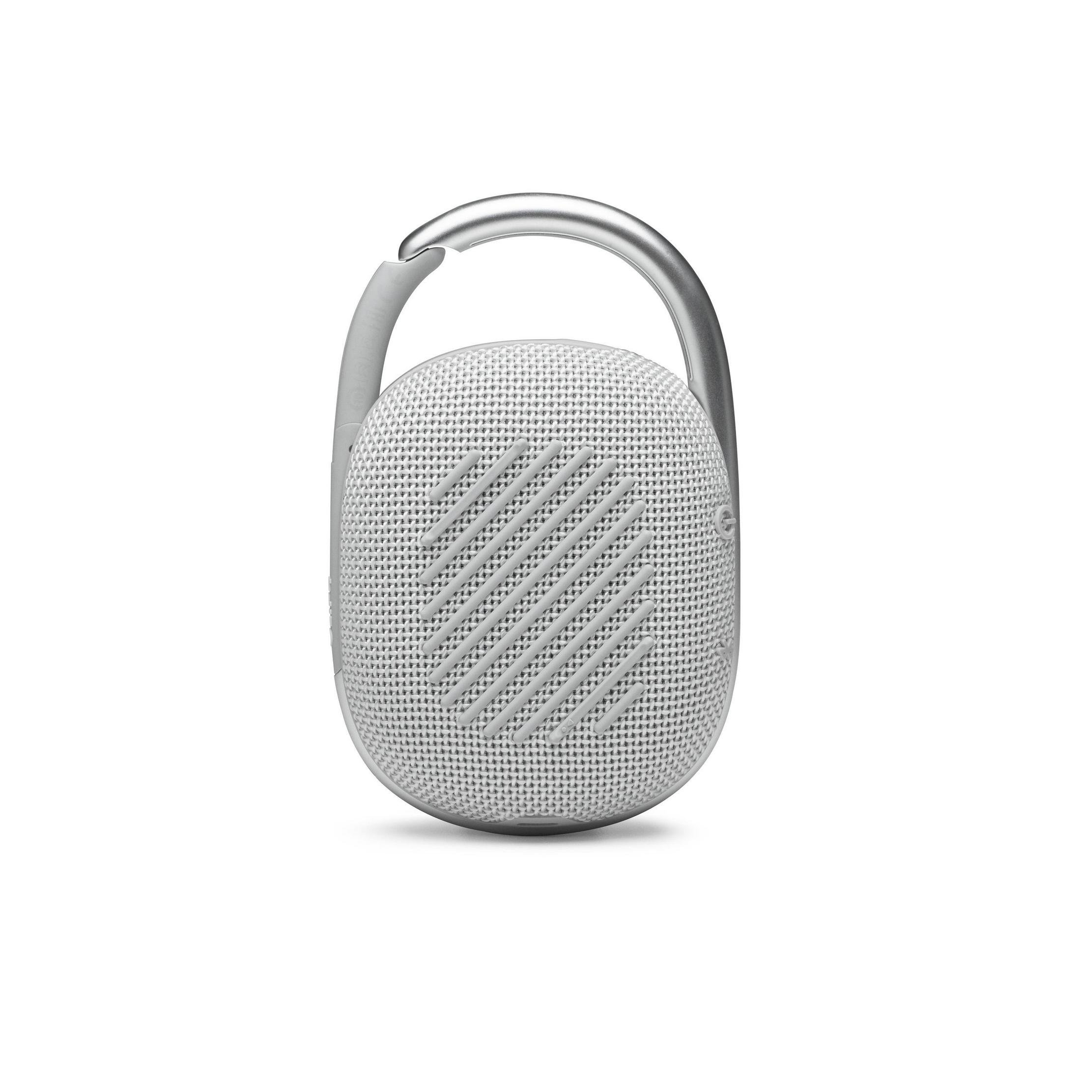Altavoz portátil blanco y gris con asa plateada, sobre fondo blanco.