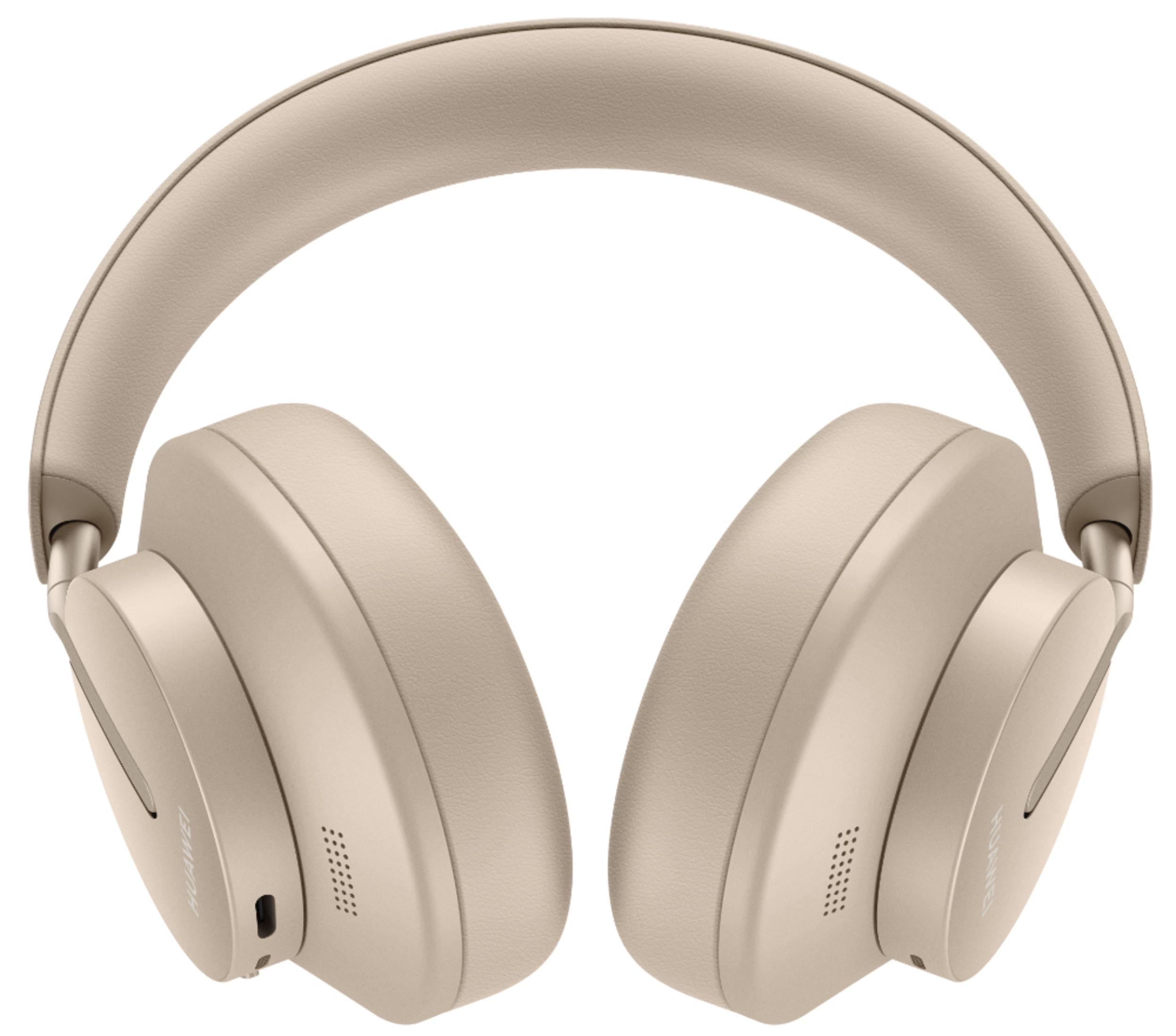 Beige Over-Ear-Kopfhörer. Die Ohrmuscheln und der Kopfbügel sind beige, mit hellem Hintergrund.