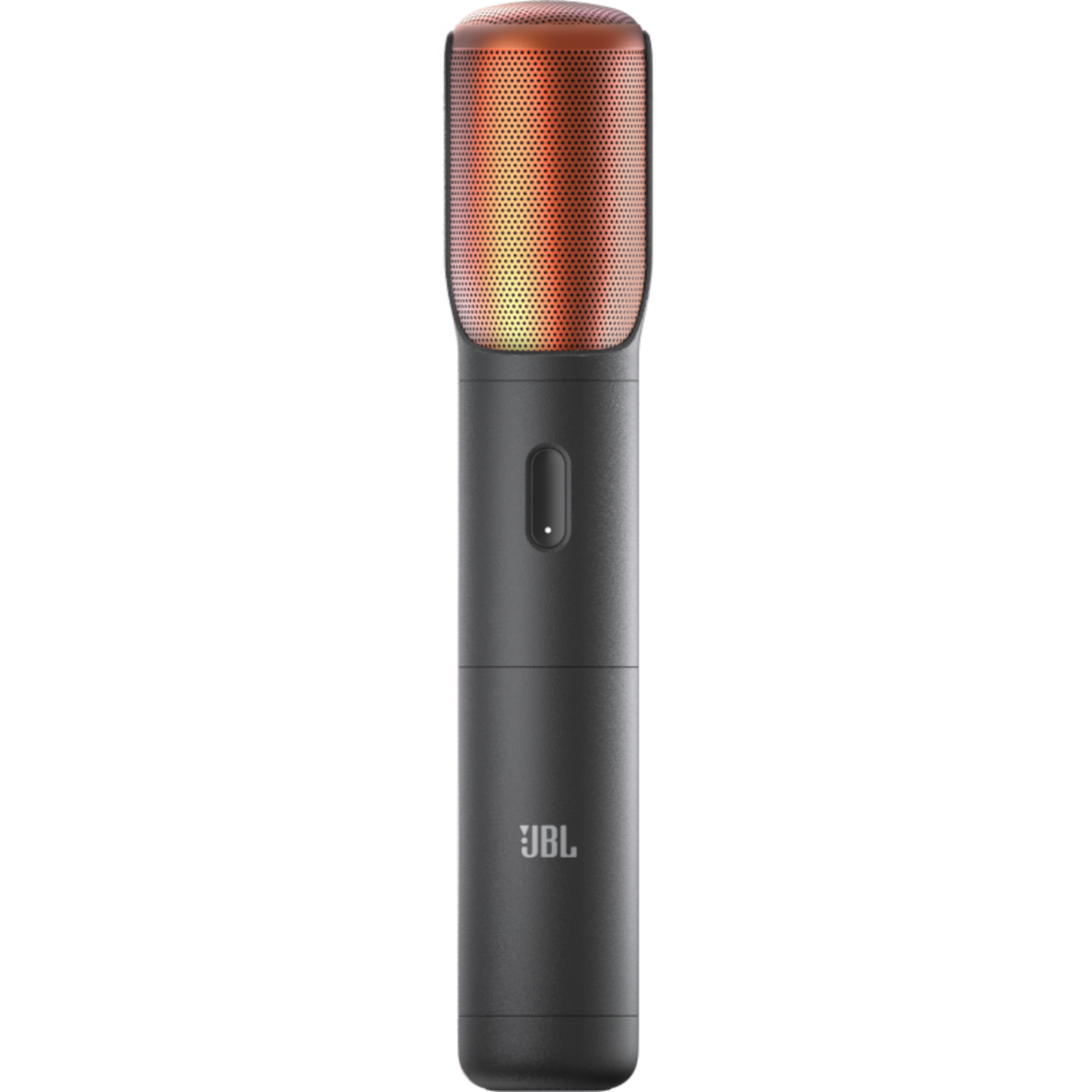 Microphone noir avec dessus en mesh orange et logo JBL. Fond sombre.