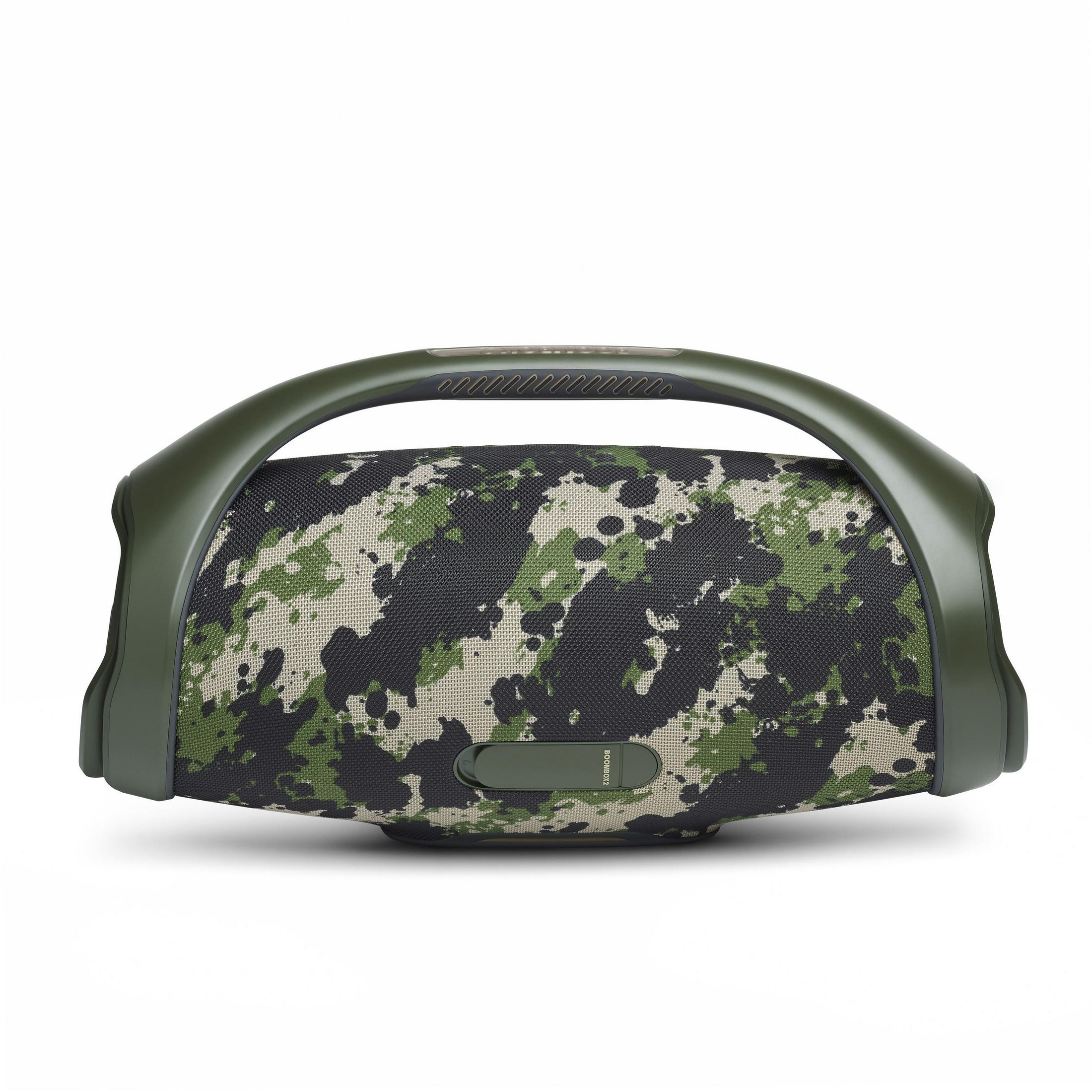 Grüner und Camouflage-Lautsprecher mit Griff, vor weißem Hintergrund.