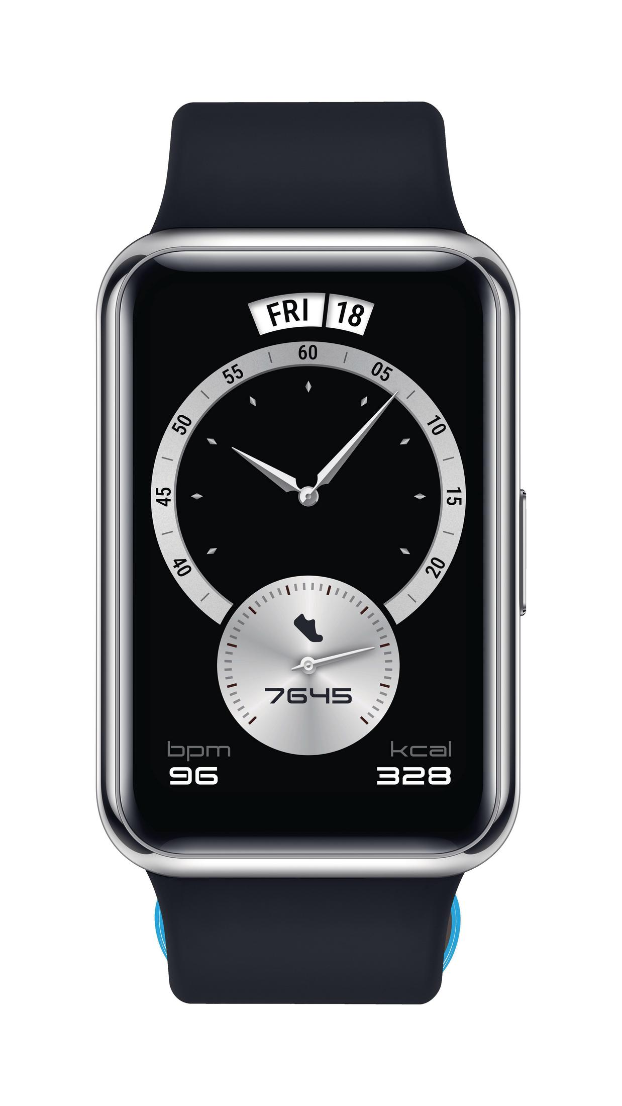 Smartwatch z czarnym ekranem pokazującym datę, tętno, kroki i spalone kalorie. Białe tło.