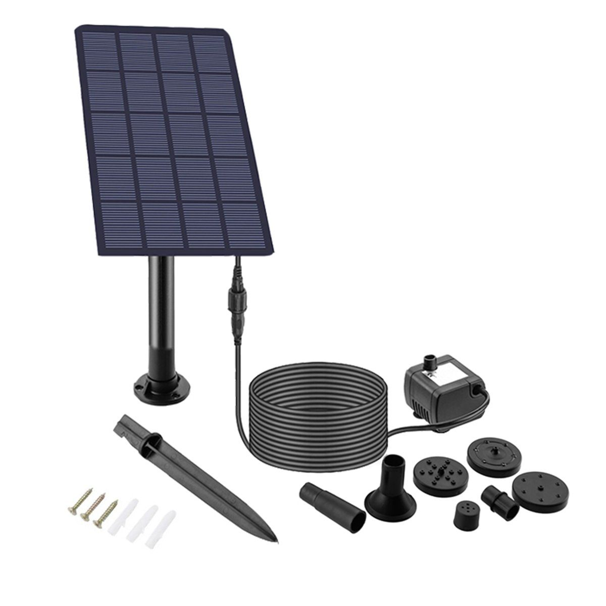 Solarpanel-Set mit Solarpanel, Pumpe, Schläuchen und Zubehör auf weißem Hintergrund.