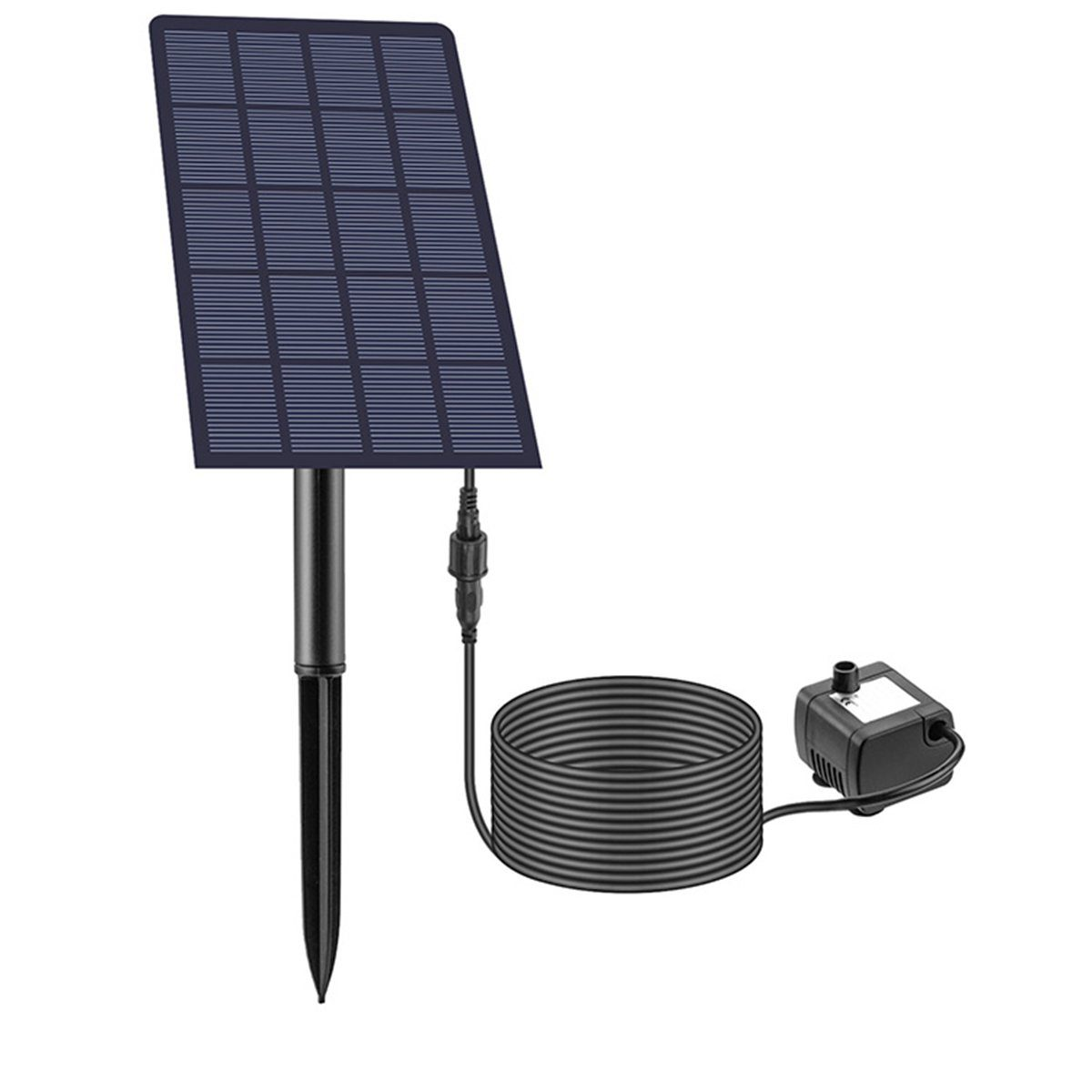 Ein Solarpanel mit einem schwarzen Pfahl im Boden, verbunden mit einer kleinen schwarzen Wasserpumpe. Das Panel ist dunkelblau.